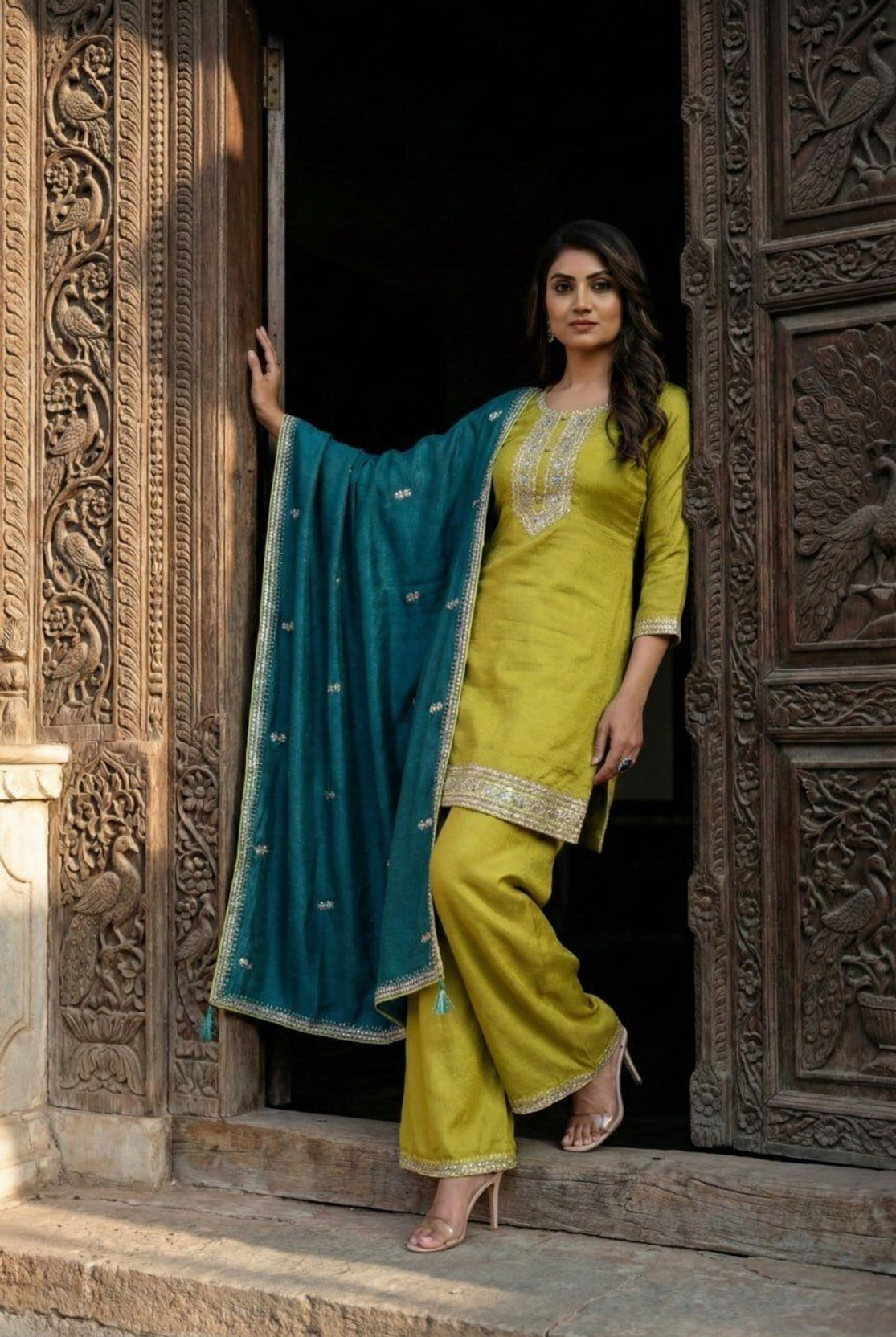 KHUSHI Embroidered Kurta, Palazzo & Dupatta Set