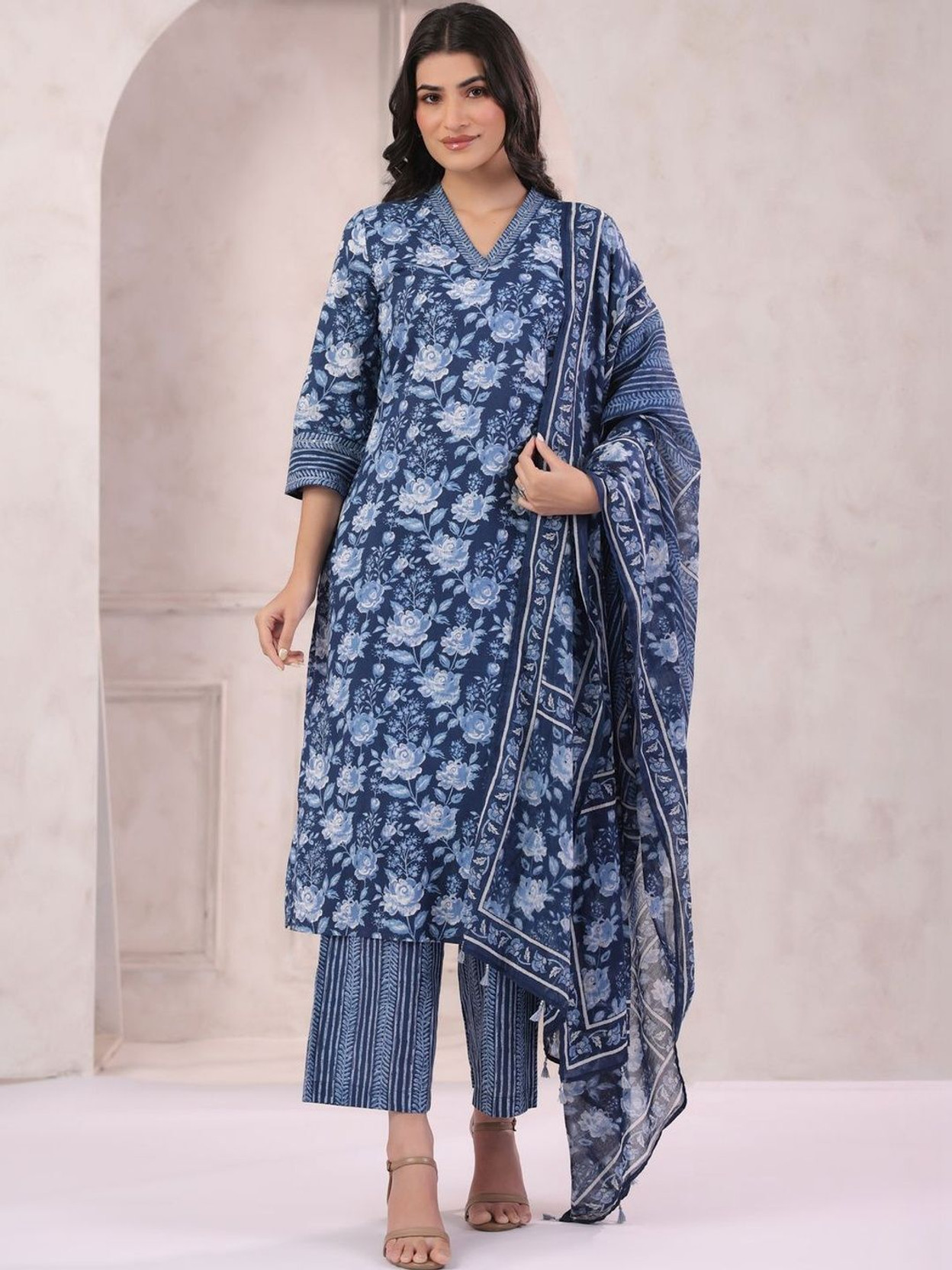 Dark Blue Cotton Floral Floral Printed Straight Kurta Palazzo Dupatta Set Floral Print, Printed Kurta, Palazzo & Dupatta Set