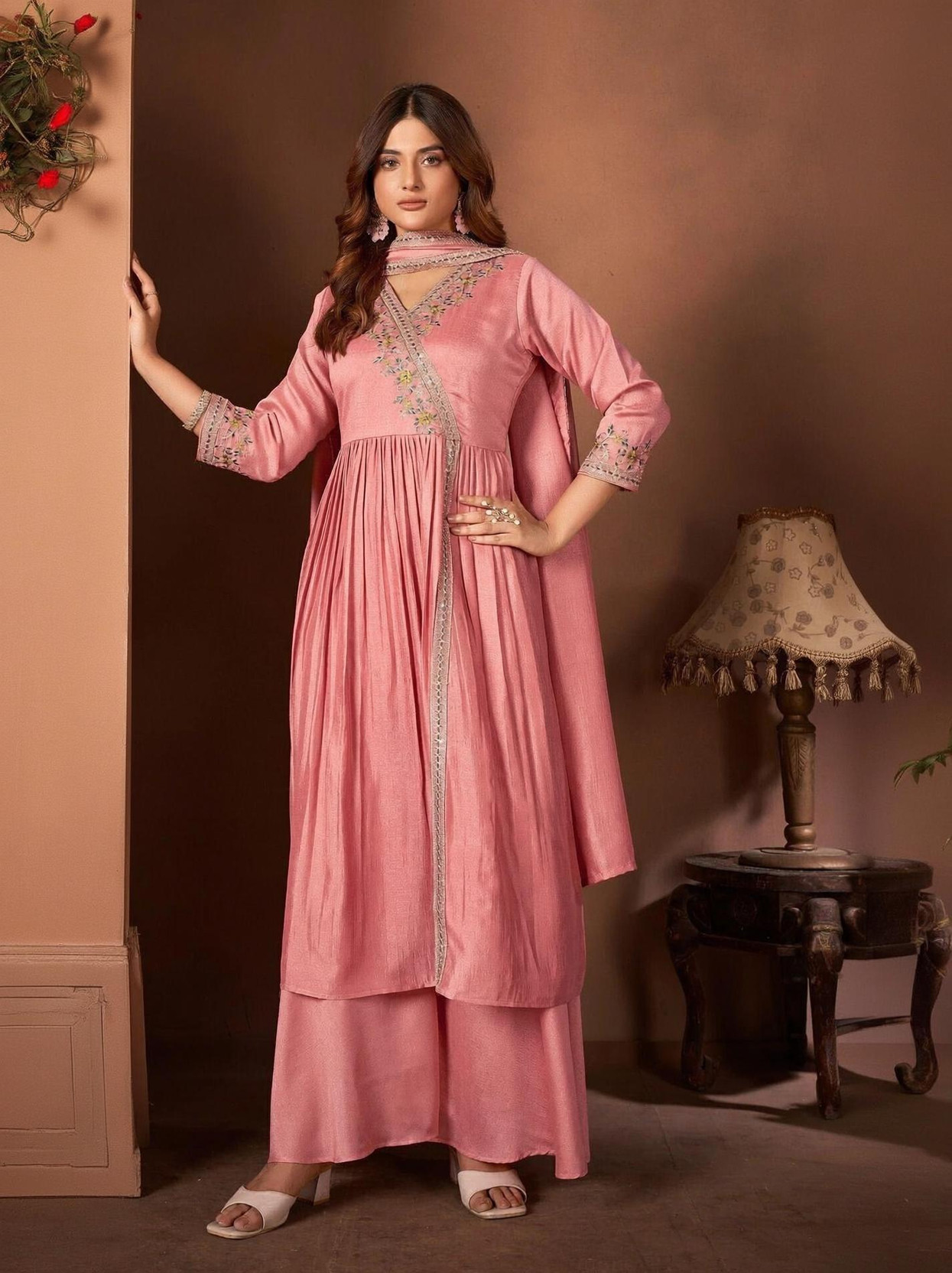 Women's Embroidered Angrakha Kurta Set with Palazzo and Dupatta Embroidered Kurta, Palazzo & Dupatta Set