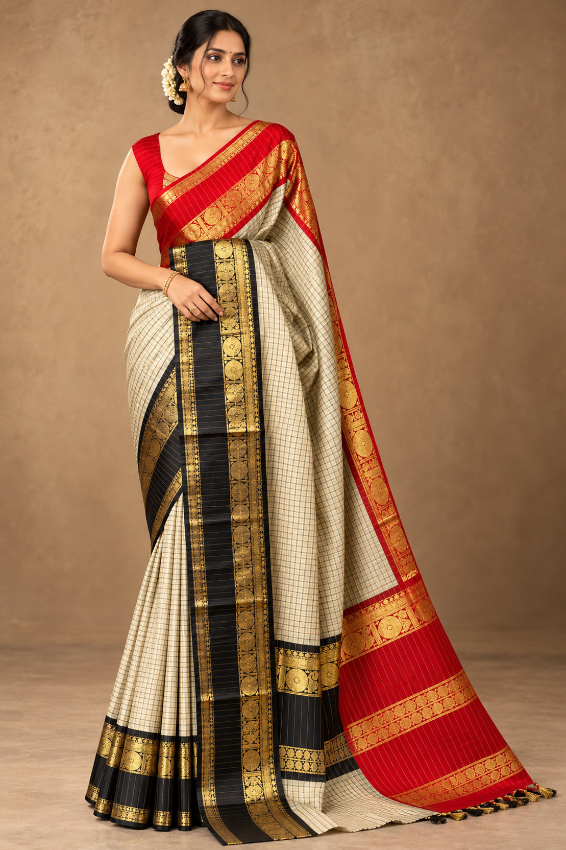 Checkered, Woven Kanjivaram Jacquard, Art Silk Saree