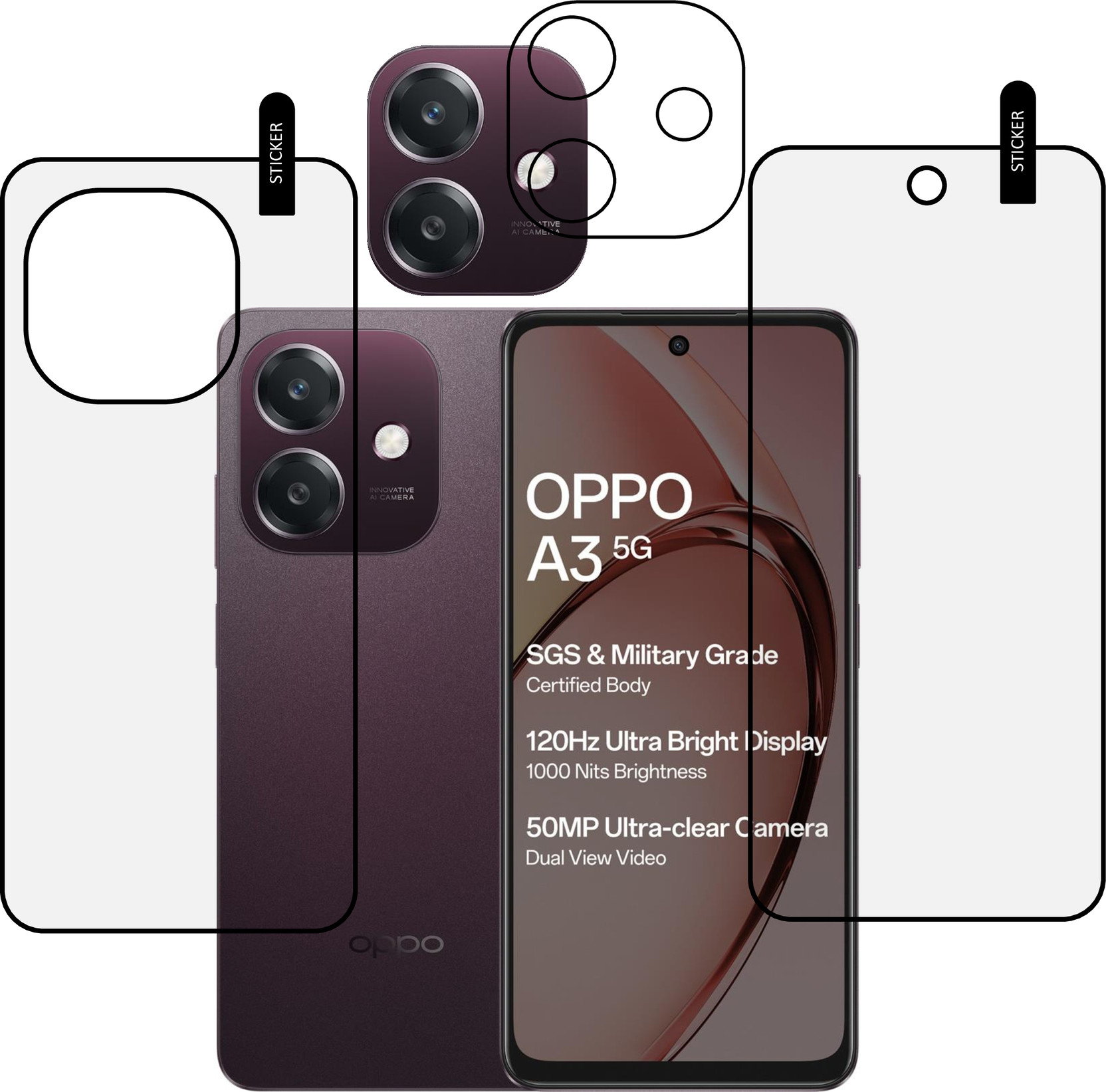 MOBKAVACH Front and Back Tempered Glass for OPPO A3 5G WITH CAMERA LENS PROTECTOR
