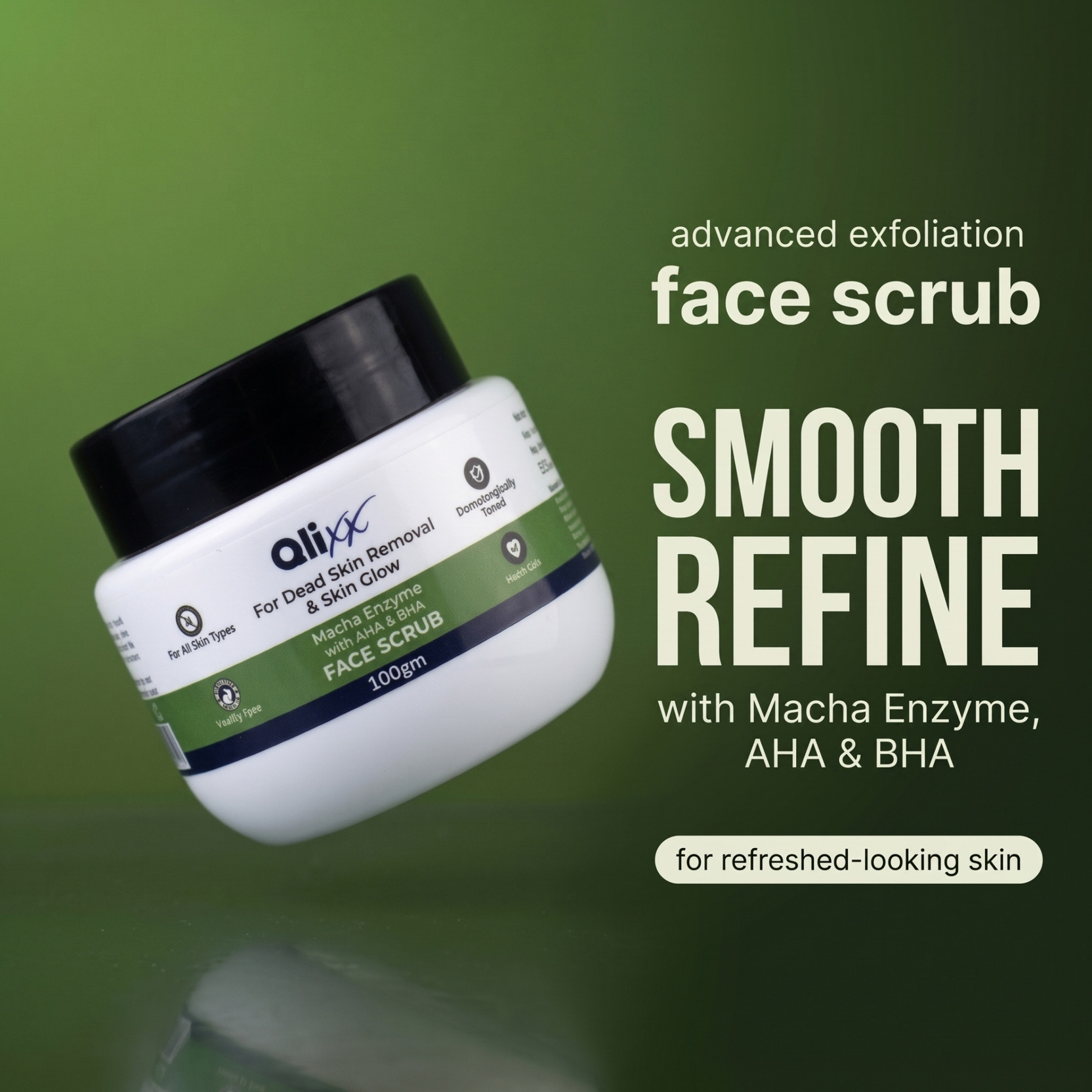 Qlixx Matcha Enzyme Face Scrub with AHA & BHA for Dead Skin Removal, Exfoliation Scrub
