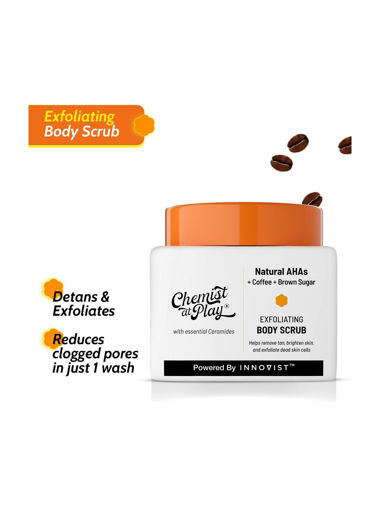 Chemist at Play Exfoliating Coffee Body Scrub for Tan Removal, Soft-Smooth Skin with natural AHA Scrub