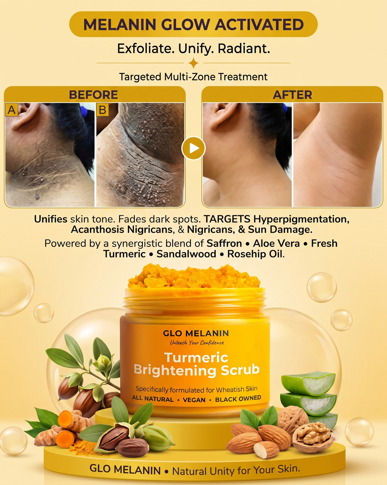 GLO MELANIN Turmeric Brightening Scrub for Dark Spots, Underarms, Thighs & Bikini Area Scrub