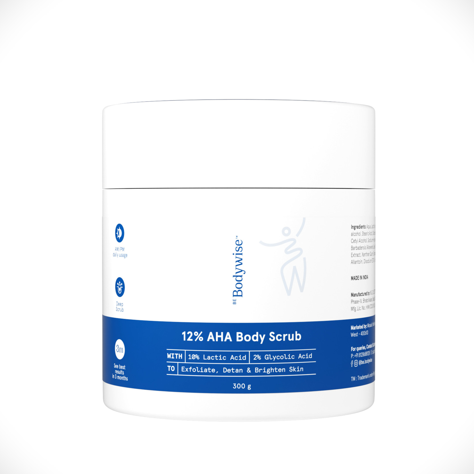 Be Bodywise 12% AHA Body Scrub |10% Lactic Acid, 2% Glycolic Acid| Exfoliates and Detan Skin Scrub
