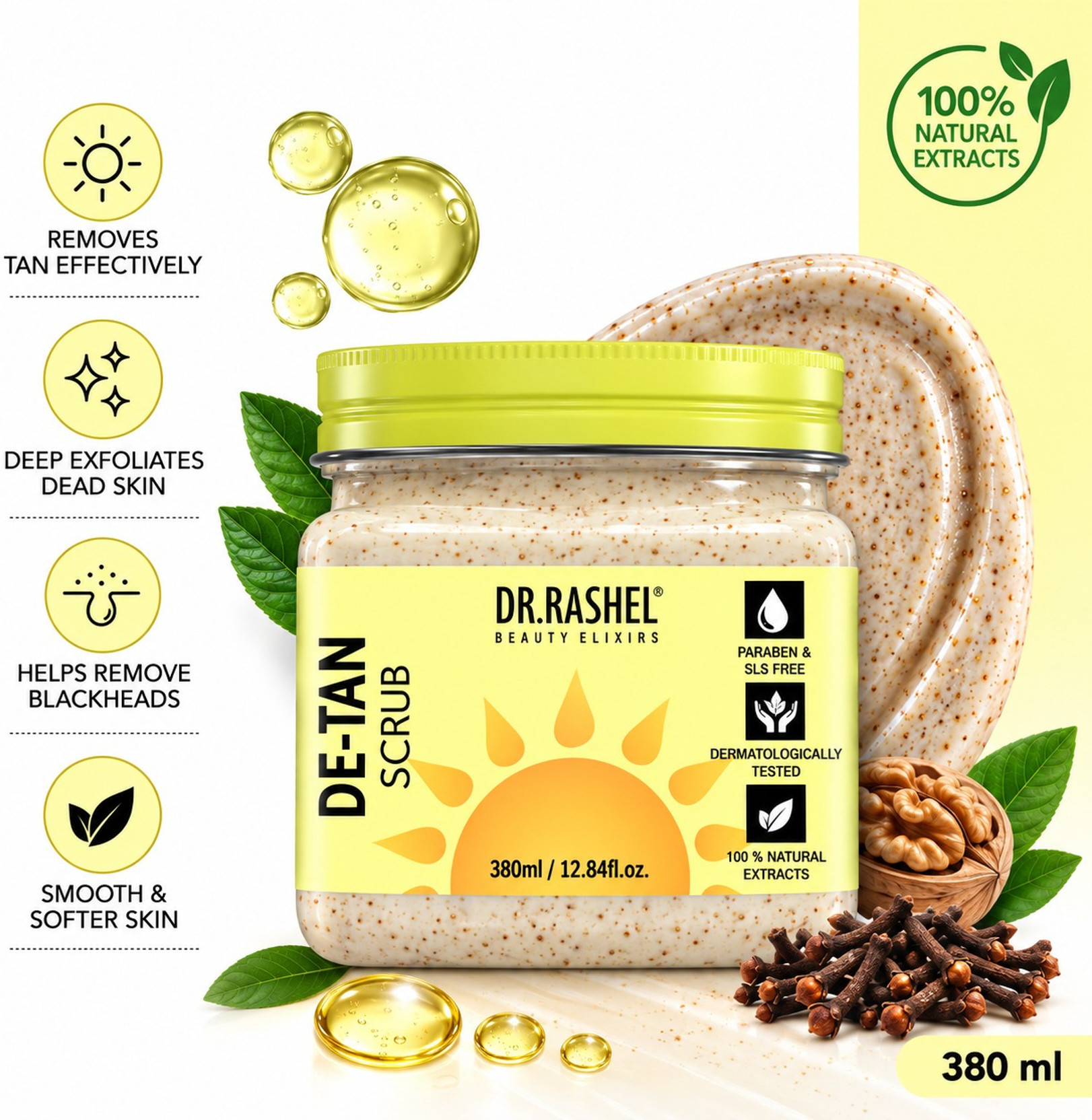 DR.RASHEL De-Tan Scrub For Face & Body with Walnut & Clove Extract|Exfoliating Scrub