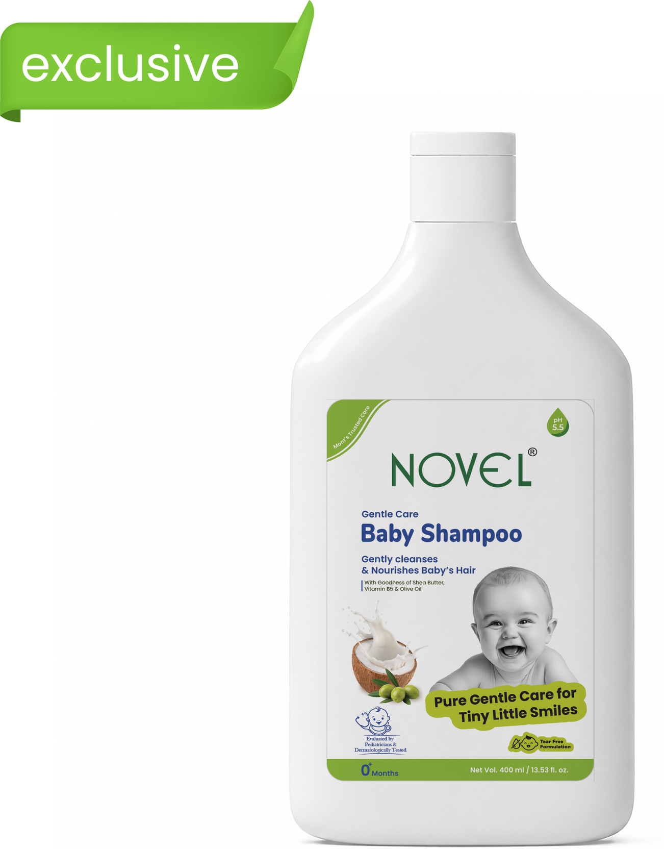 NOVEL Baby Shampoo with Coconut Oil & Milk Protein, Tear-Free, pH 5.5,