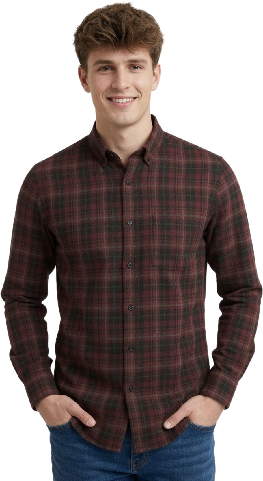 Men Slim Fit Checkered Button Down Collar Casual Shirt