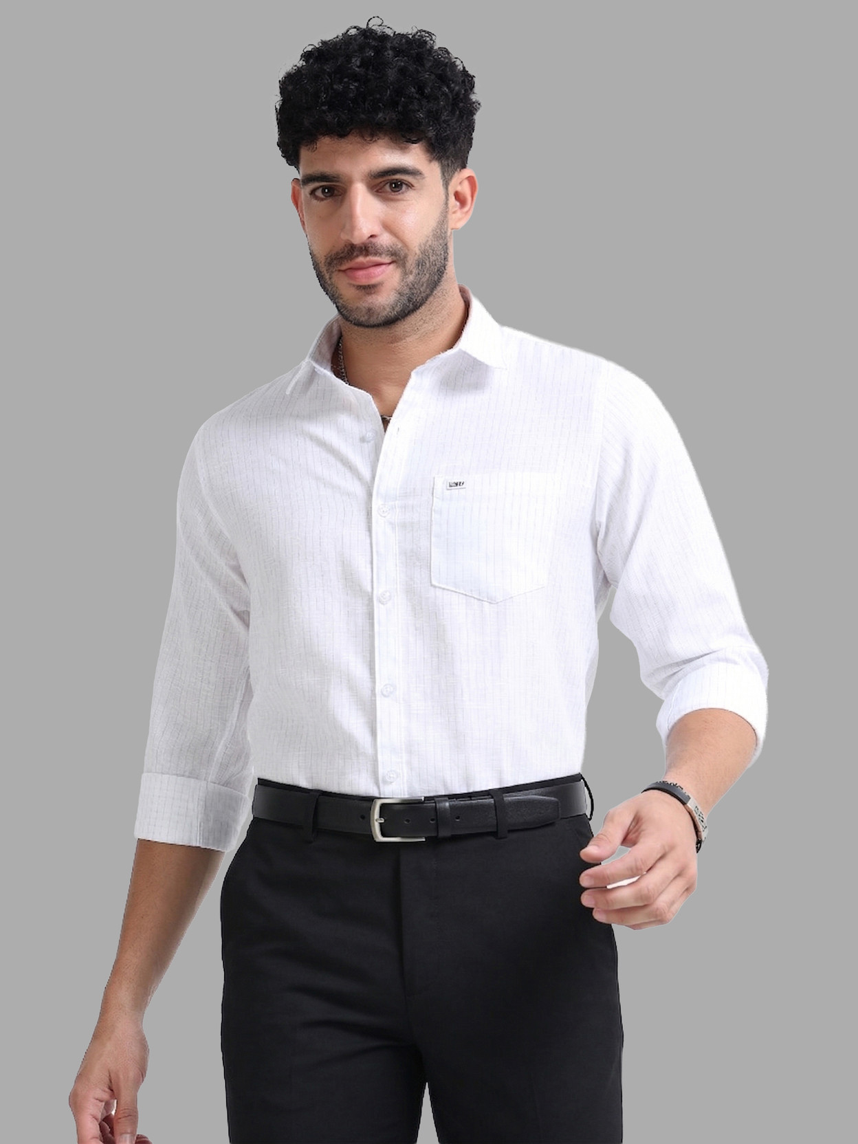 Men Slim Fit Striped Spread Collar Formal Shirt
