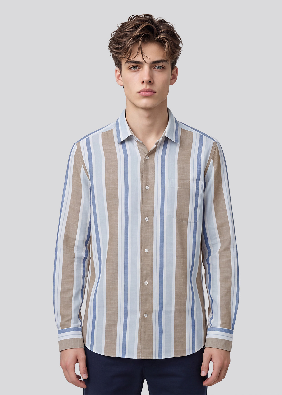 Men Slim Fit Striped Spread Collar Casual Shirt