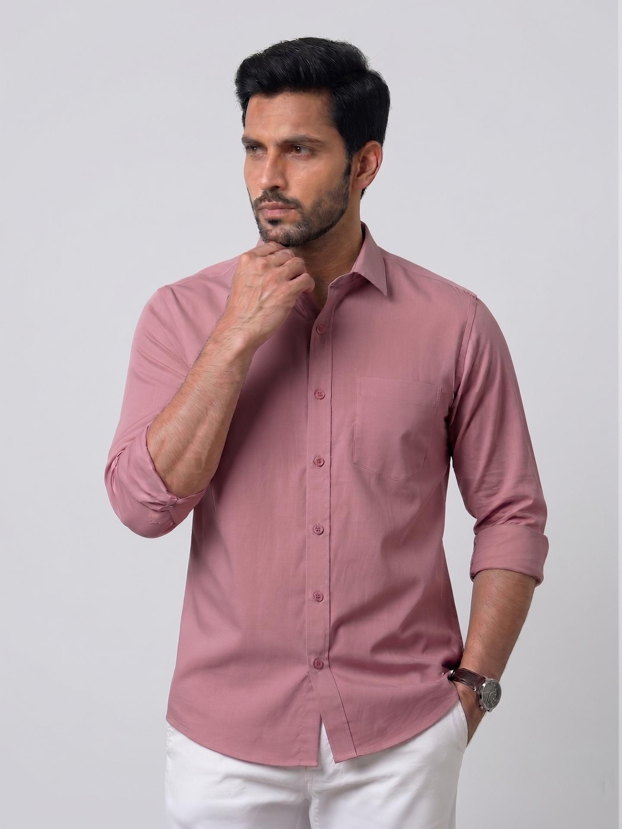 Men Regular Fit Solid Curved Collar Casual Shirt