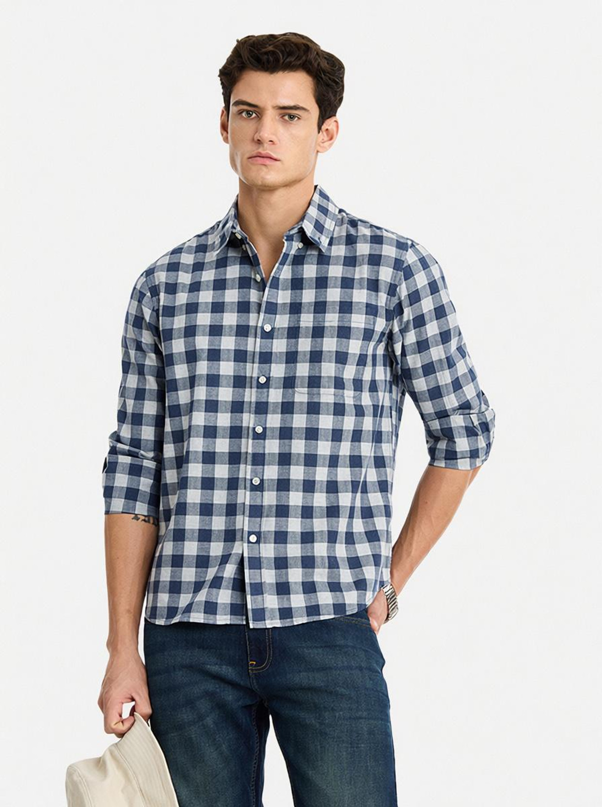 Men Regular Fit Checkered Button Down Collar Casual Shirt