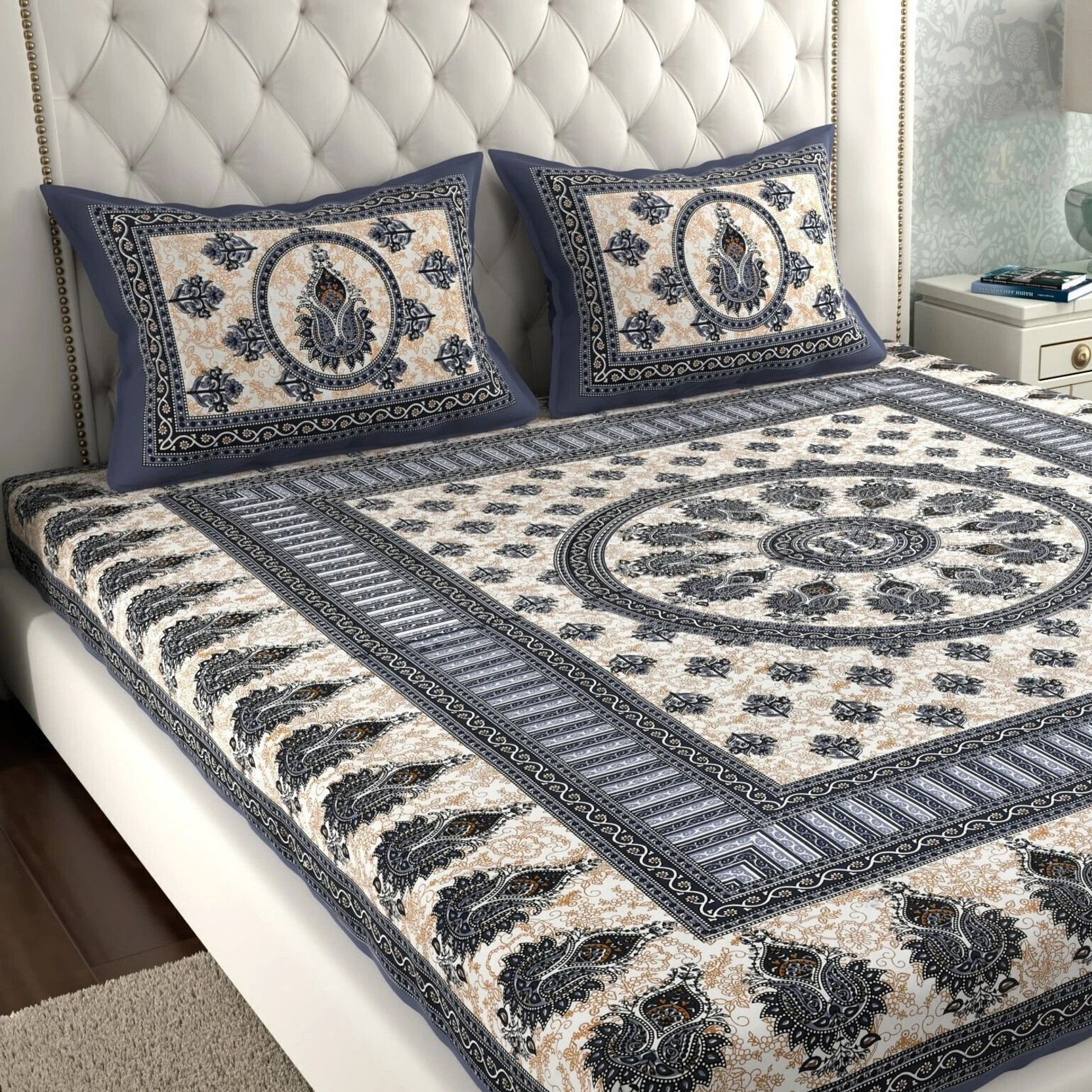 BharatLinen Cotton Double Flat 144 TC Jaipuri Prints 1 Summer Bedsheet with 2 Pillow Covers