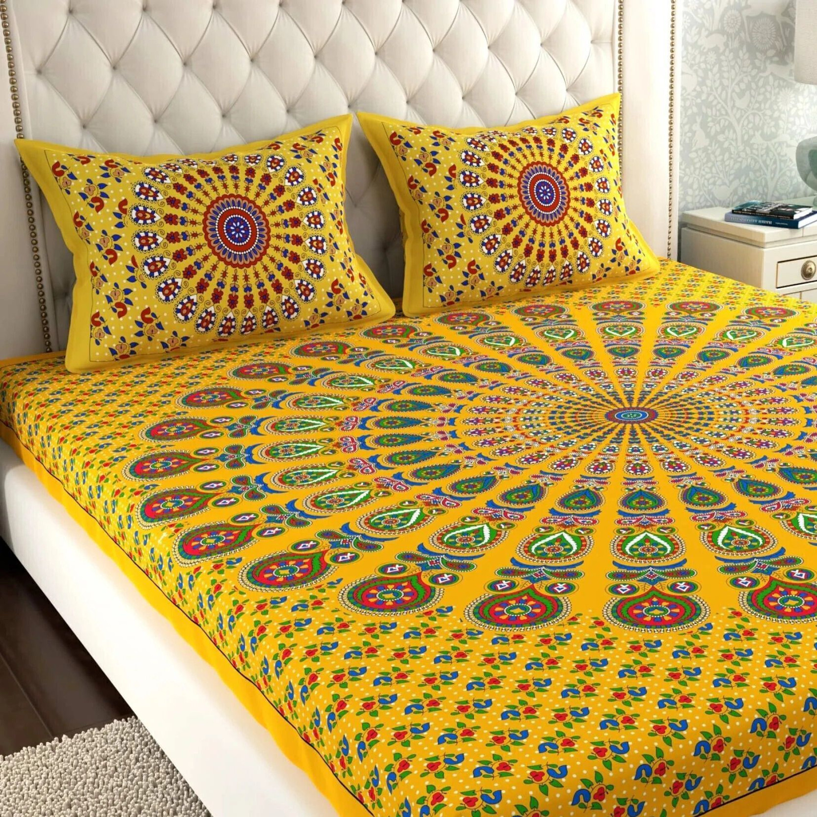 Leo Creation Cotton Double Flat 144 TC Jaipuri Prints 1 Bedsheet with 2 Pillow Covers