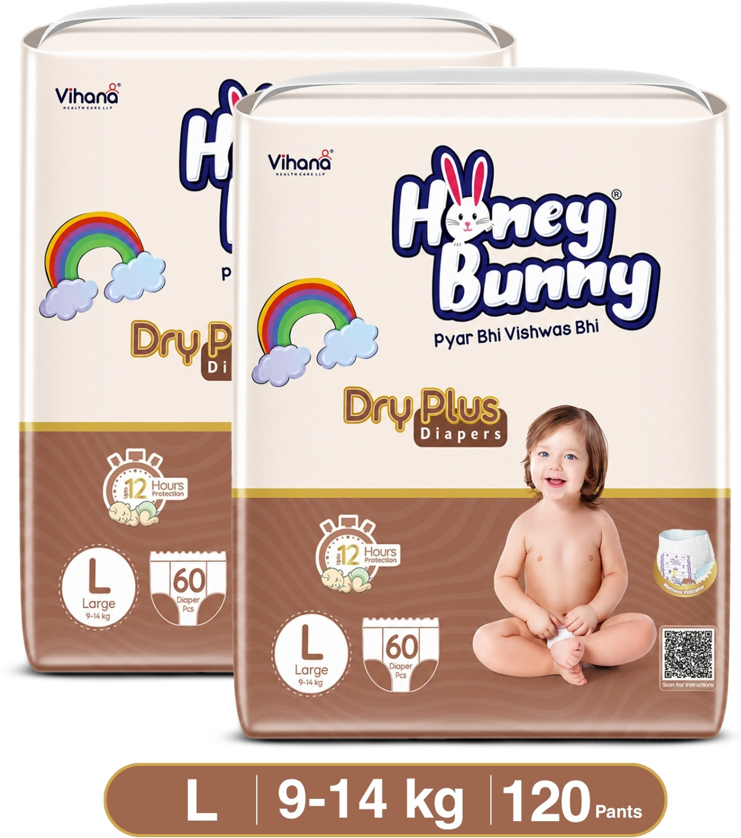 HONEY BUNNY DryPlus Baby Diaper Pant | 360 Cottony Soft Flexible Waistband & Dermat Tested Pant Diapers - L