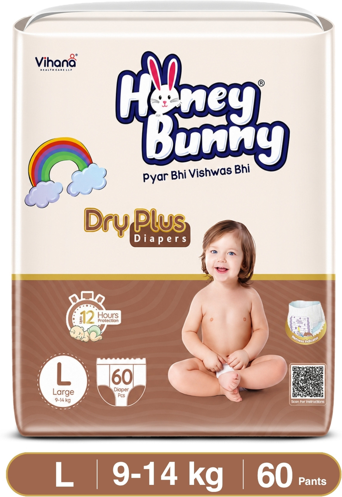 HONEY BUNNY DryPlus Baby Diaper Pant | 360 Cottony Soft Flexible Waistband & Dermat Tested Pant Diapers - L