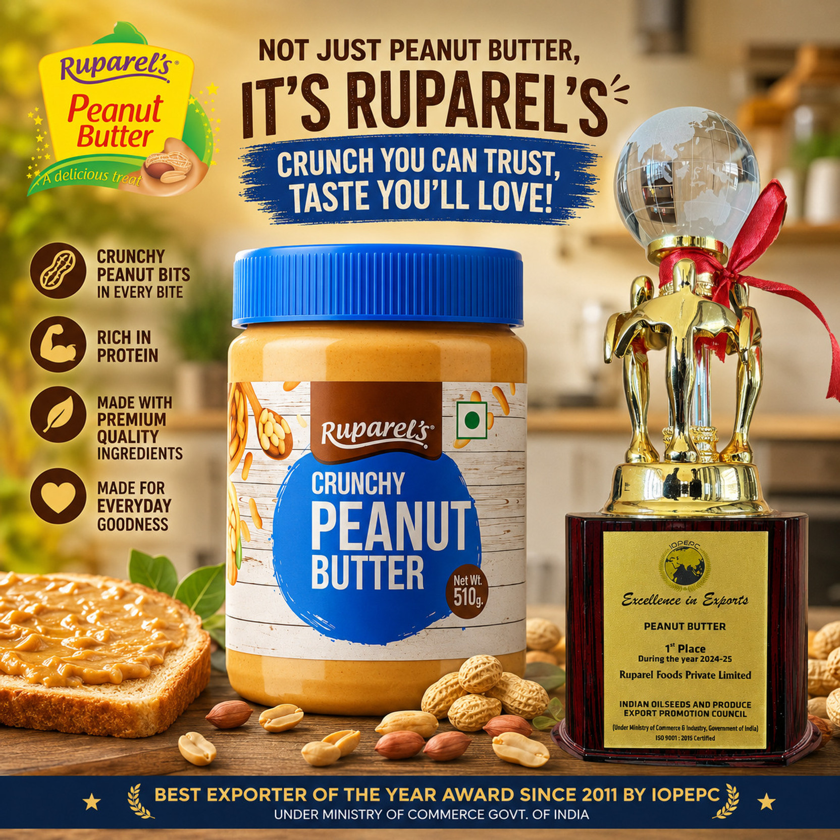 ruparel's CRUNCHY PEANUT BUTTER 510G TASTY & HEALTHY PROTIEN 26.2G PER 100G