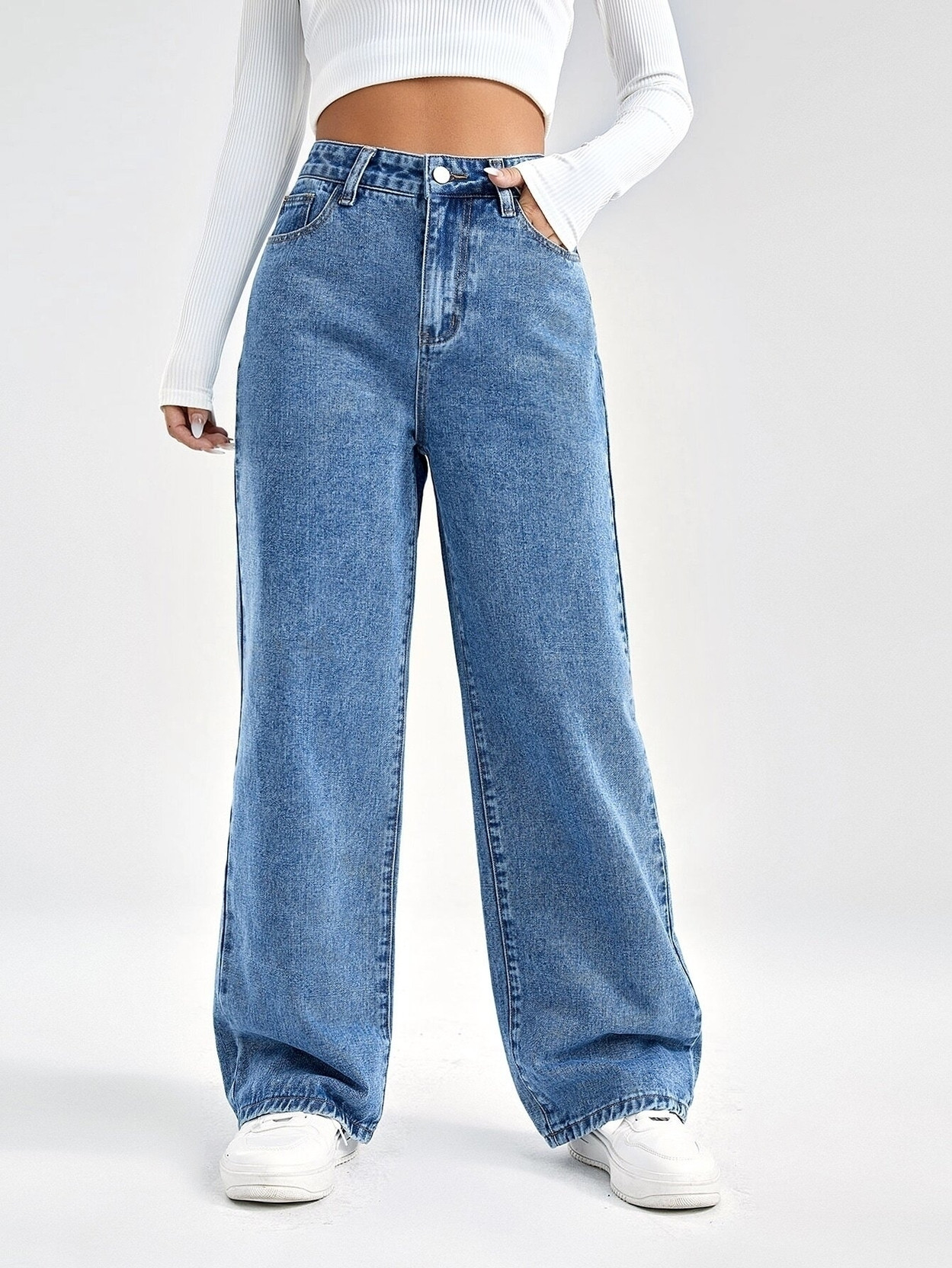 Women Wide Leg High Rise Blue Jeans