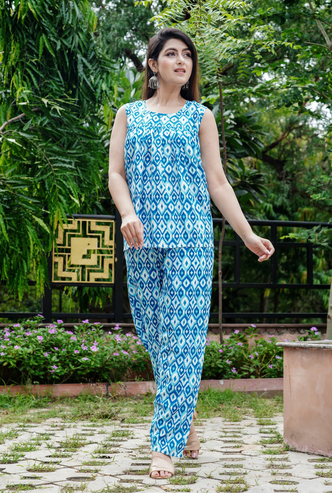 Women Top & Pyjama Set Light Blue Printed