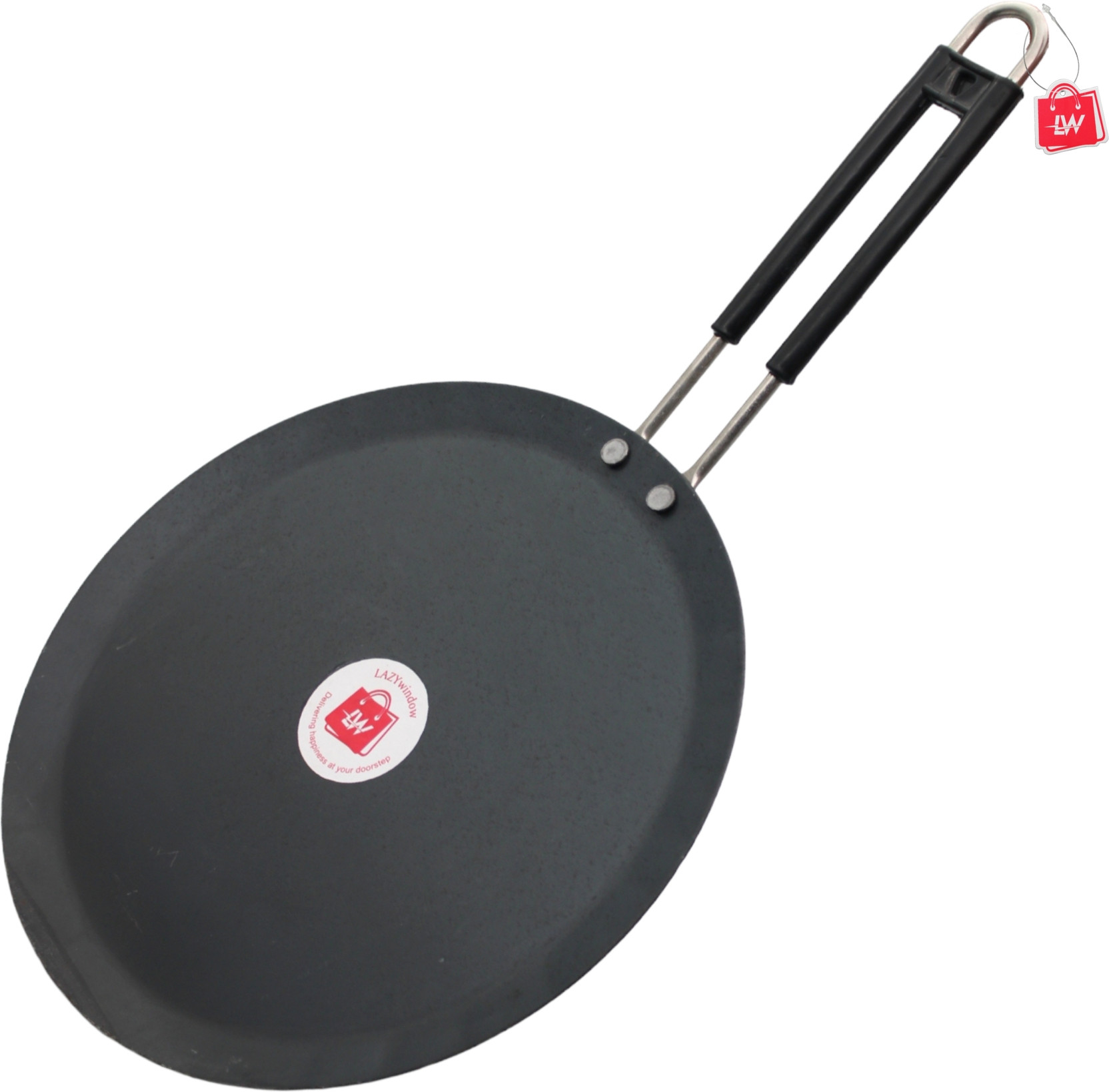 LAZYwindow Induction Base Flat Iron Roti Tawa with Insulated Handle, 24 cm - Black Tawa 24 cm diameter