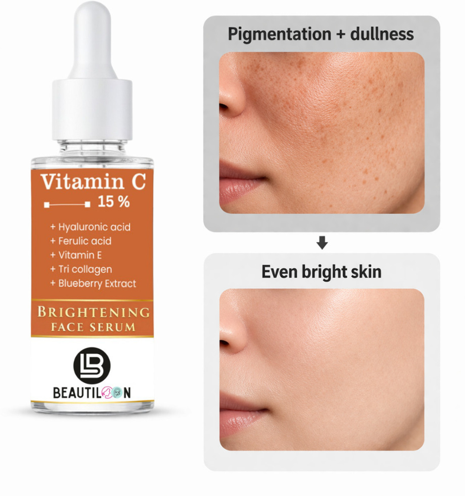 beautiloon 15% Vitamin C Serum for Face with Hyaluronic Acid Ferulic Acid and Vitamin E for Skin Whitening Brightening Dark Spot Removal Acne Scar Treatment Wrinkle Reduction and Smooth Healthy Skin 3