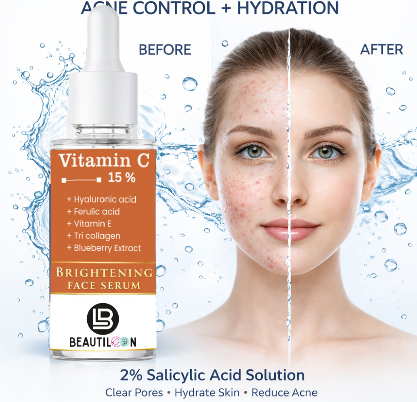 beautiloon Vitamin C Face Serum for Women and Men with 15% Vitamin C Hyaluronic Acid Vitamin E for Skin Whitening Brightening Dark Spot Removal Pigmentation Reduction Acne Marks Fine Line Wrinkle Repa