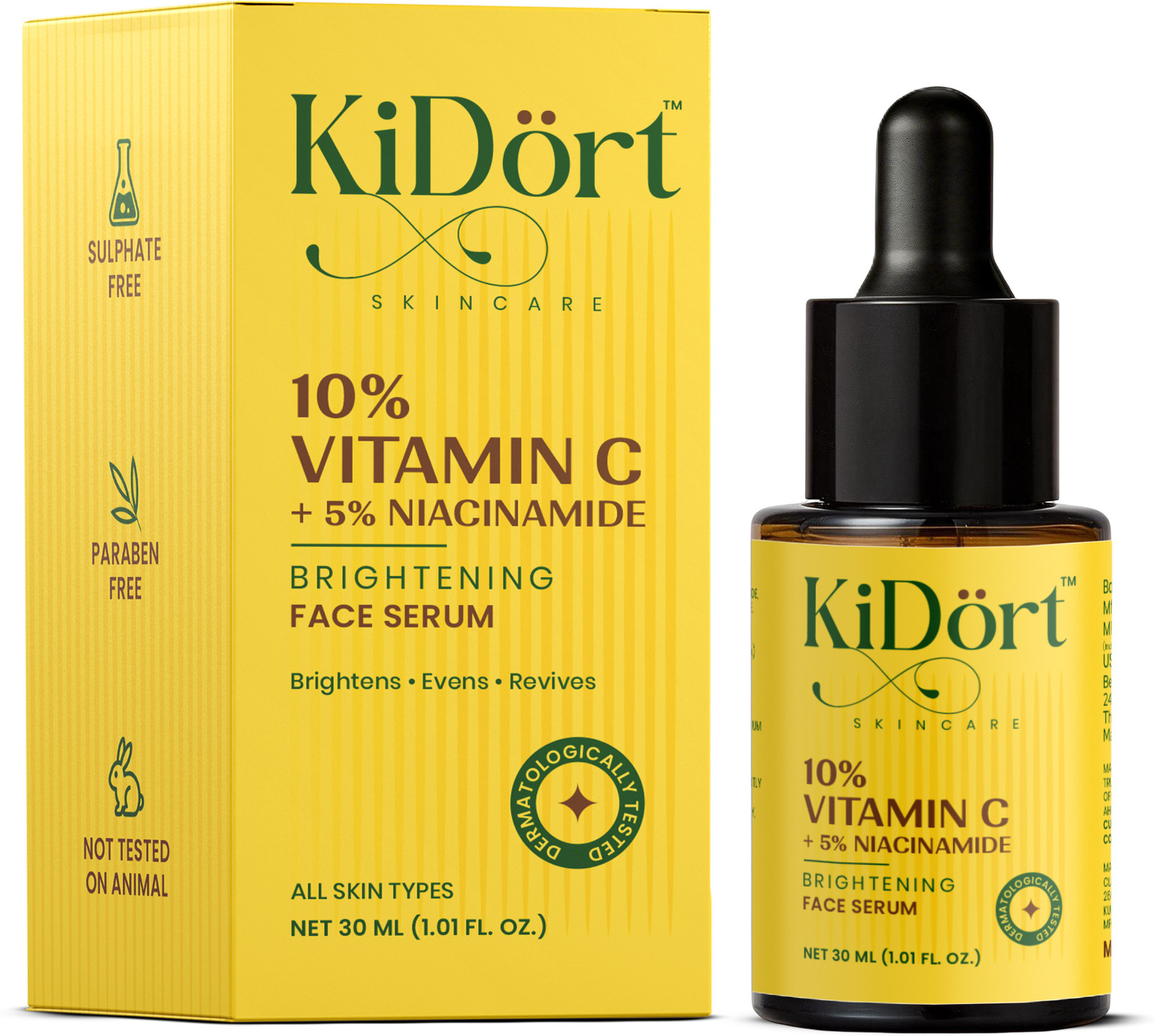 kidort Kidort 10% Vitamin C + 5% Niacinamide Brightening Face Serum 30 ml | Dark Spots, Pigmentation & Glow | For Men & Women | All Skin Types