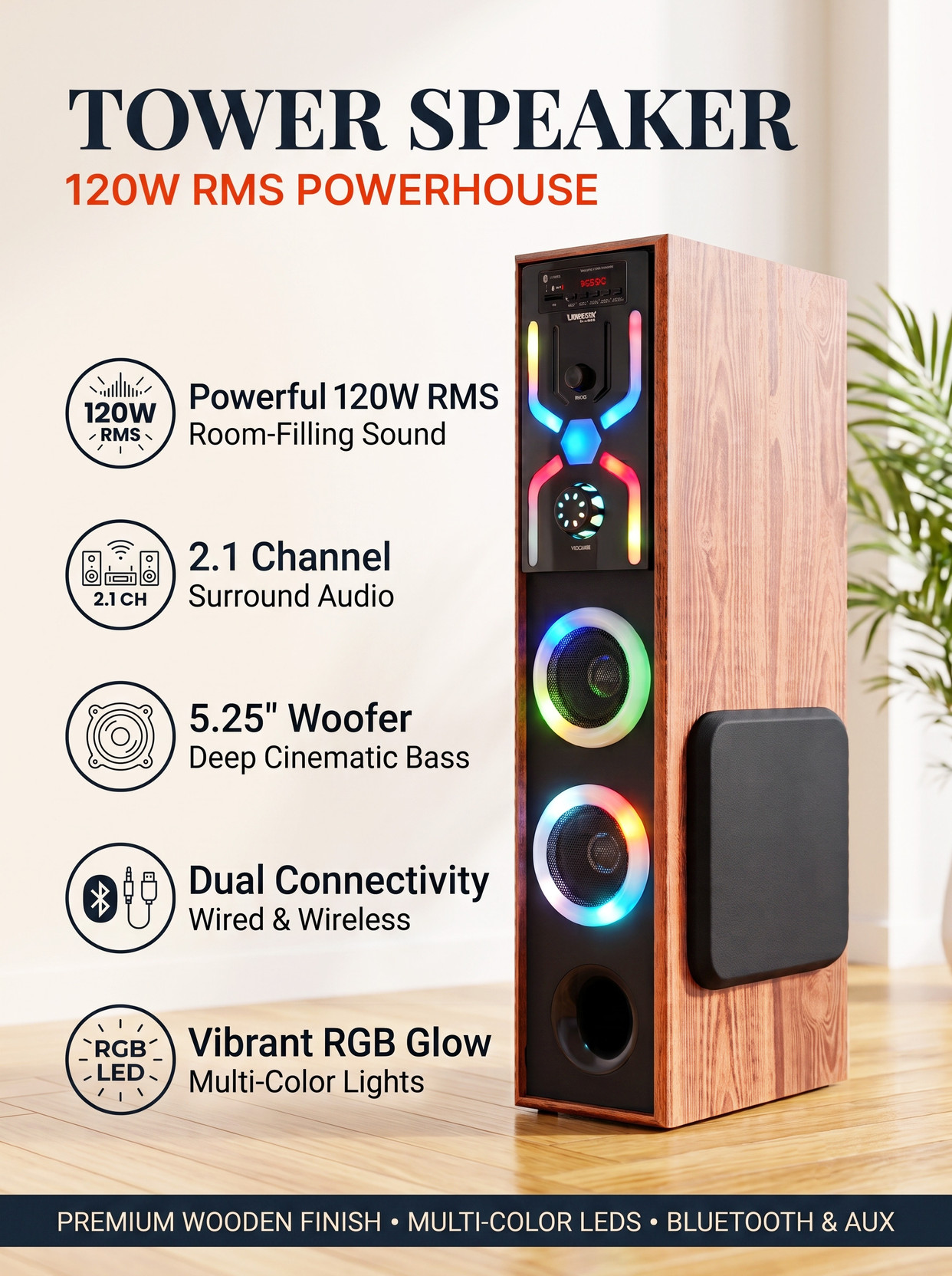 Soumaya - Simply the best 120W Deep Bass Tower | Wooden Build, BT, USB, AUX, FM | Ultimate Party Sound 120 W Bluetooth Home Audio Speaker