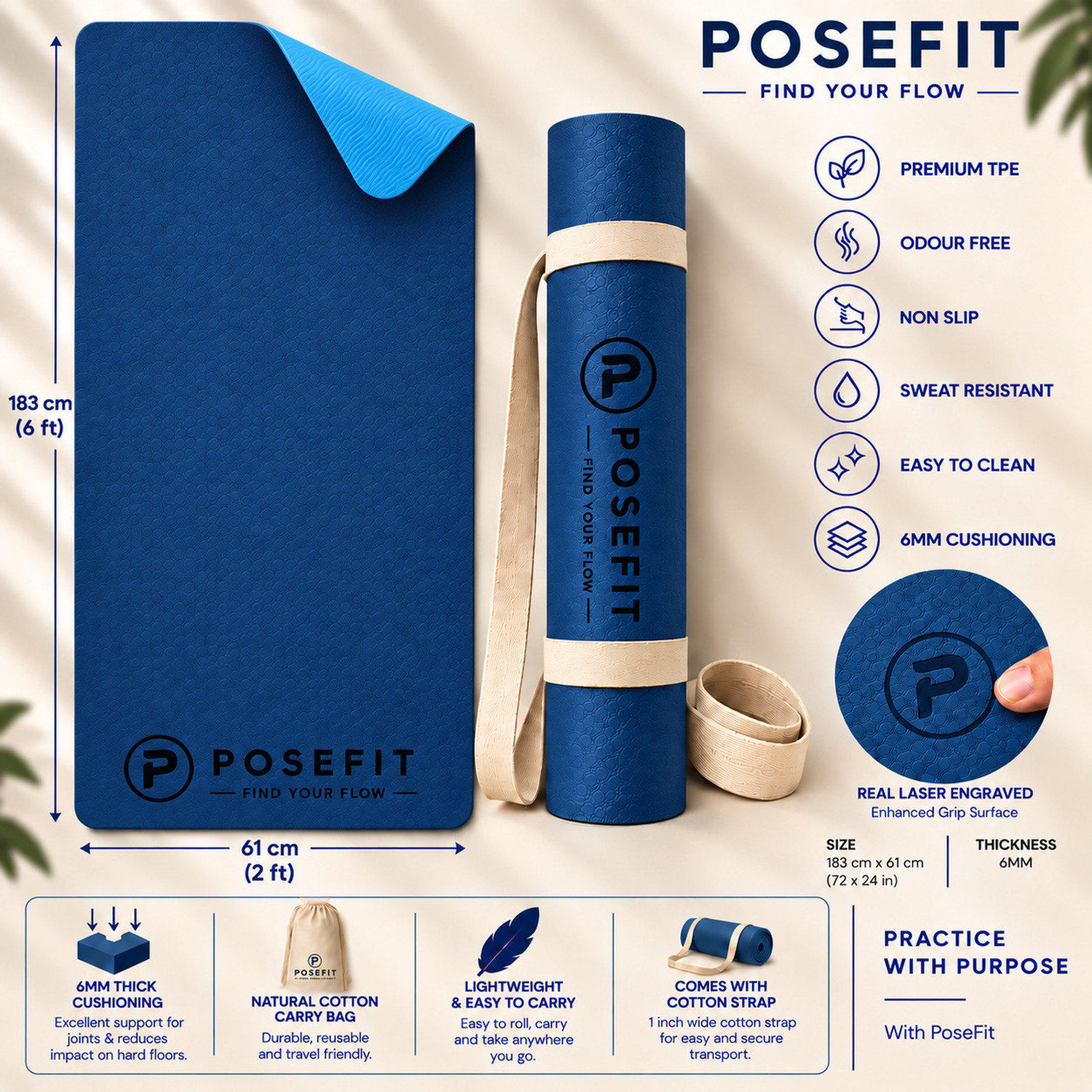 POSEFIT Premium TPE Dual Tone Blue 6 mm Yoga Mat