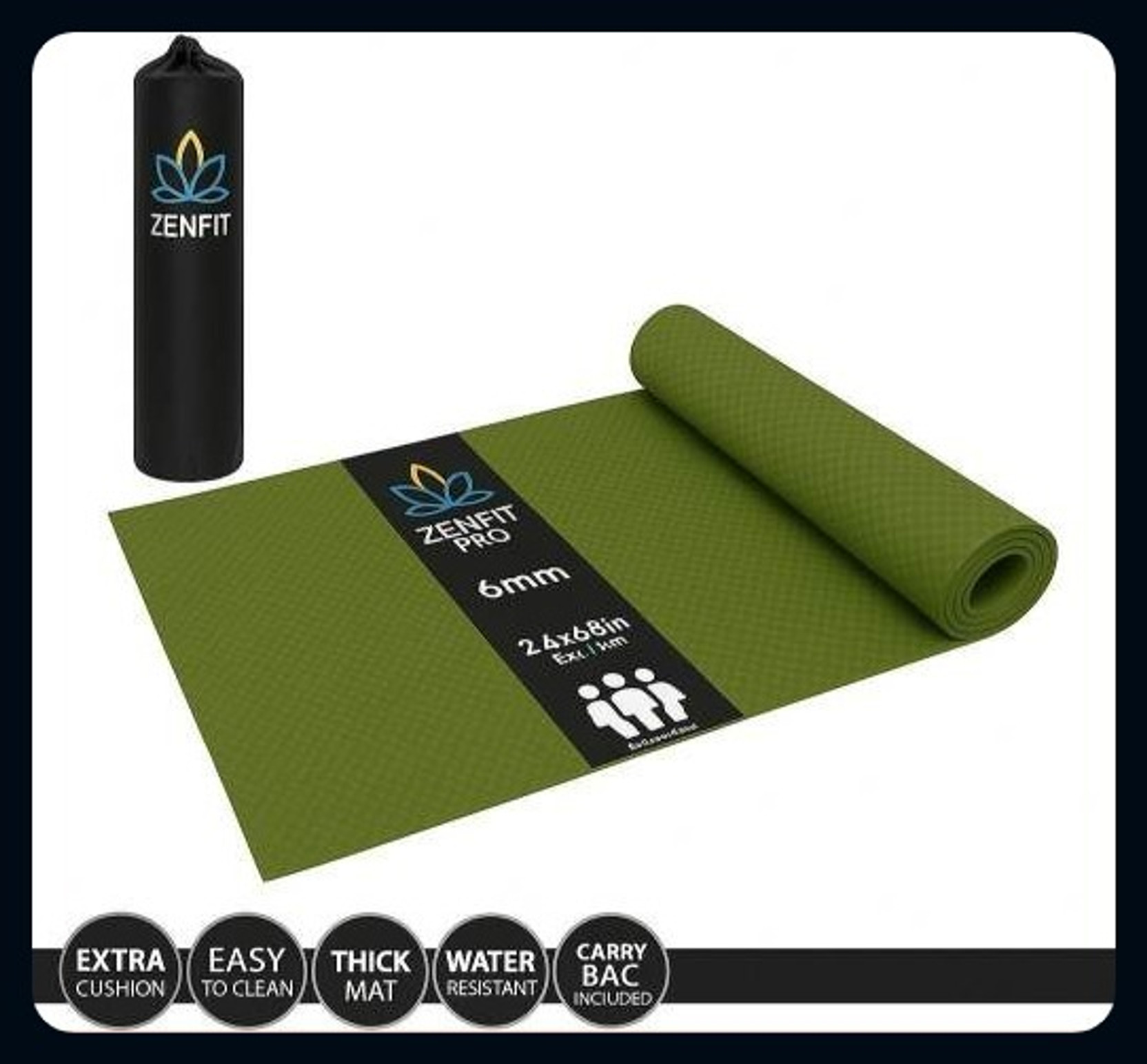 Zenfit Pro Exercise Gym & Yoga Mats 6mm For Men & Women Army Green Black 6 mm Yoga Mat
