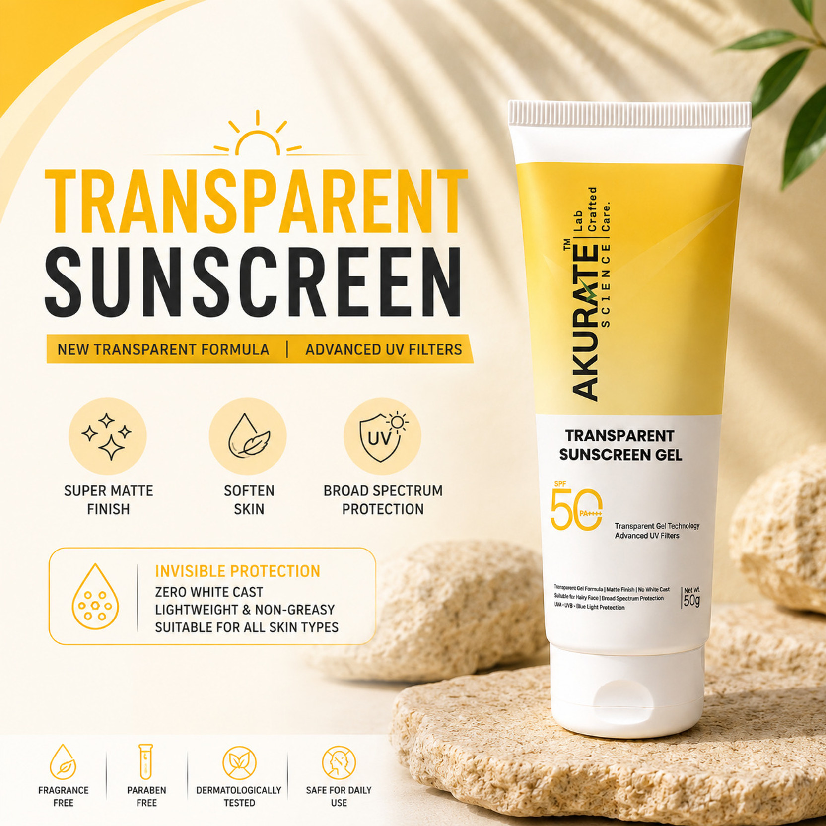 Akurate Science Sunscreen - SPF 50 PA++++ Transparent Sunscreen Gel SPF 50+ with new transparent gel technology