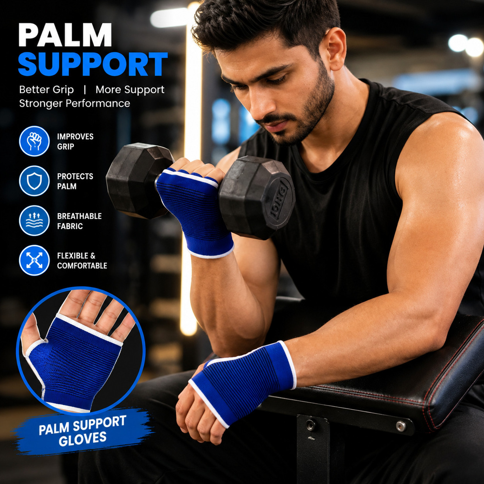 GYMGLOVES Palm Support Hand & Wrist Support Glove for Gym Workout, Weight Lifting, Fitness Hand Support