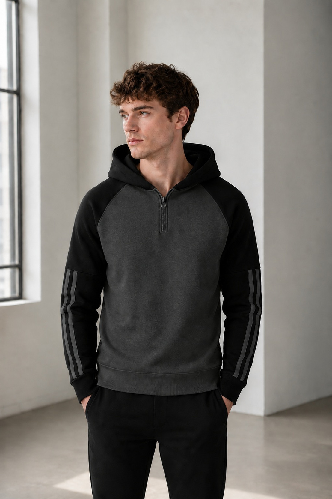 Men Full Sleeve Color Block, Striped Hooded Sweatshirt