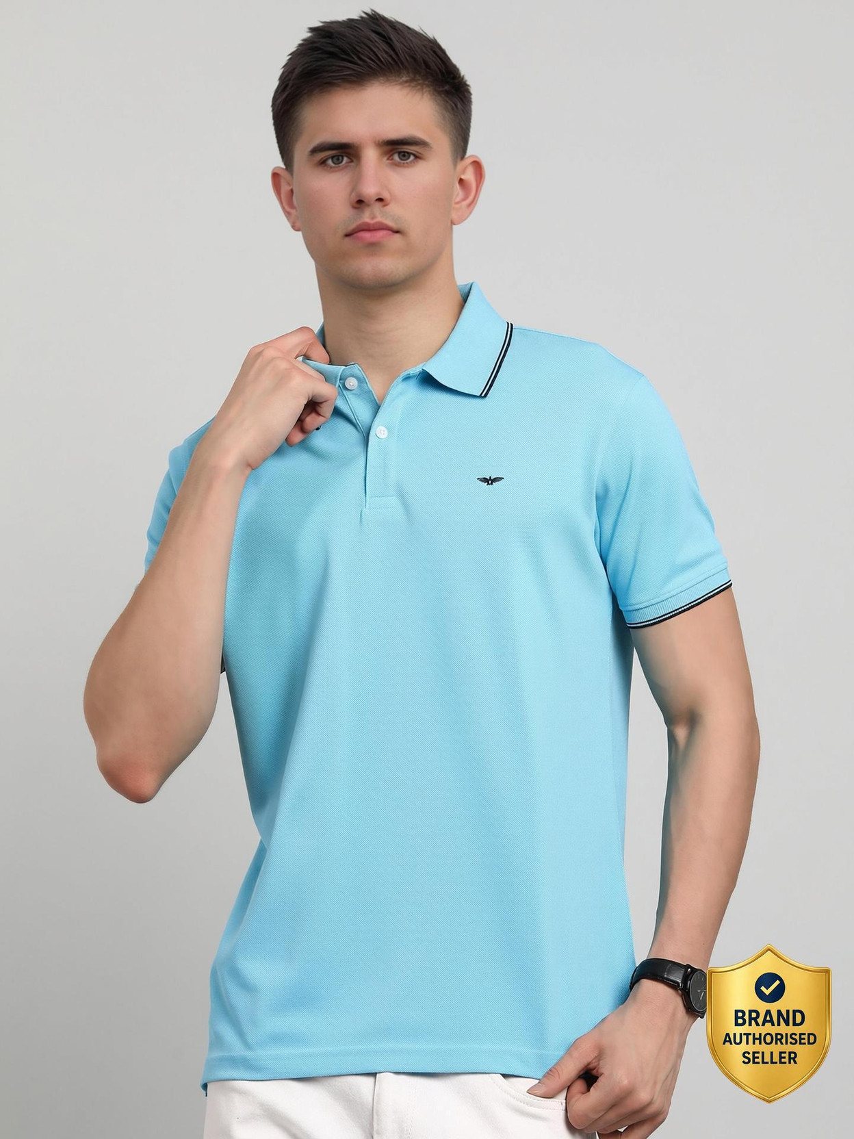 Men Solid Polo Neck Cotton Blend Light Blue T-Shirt