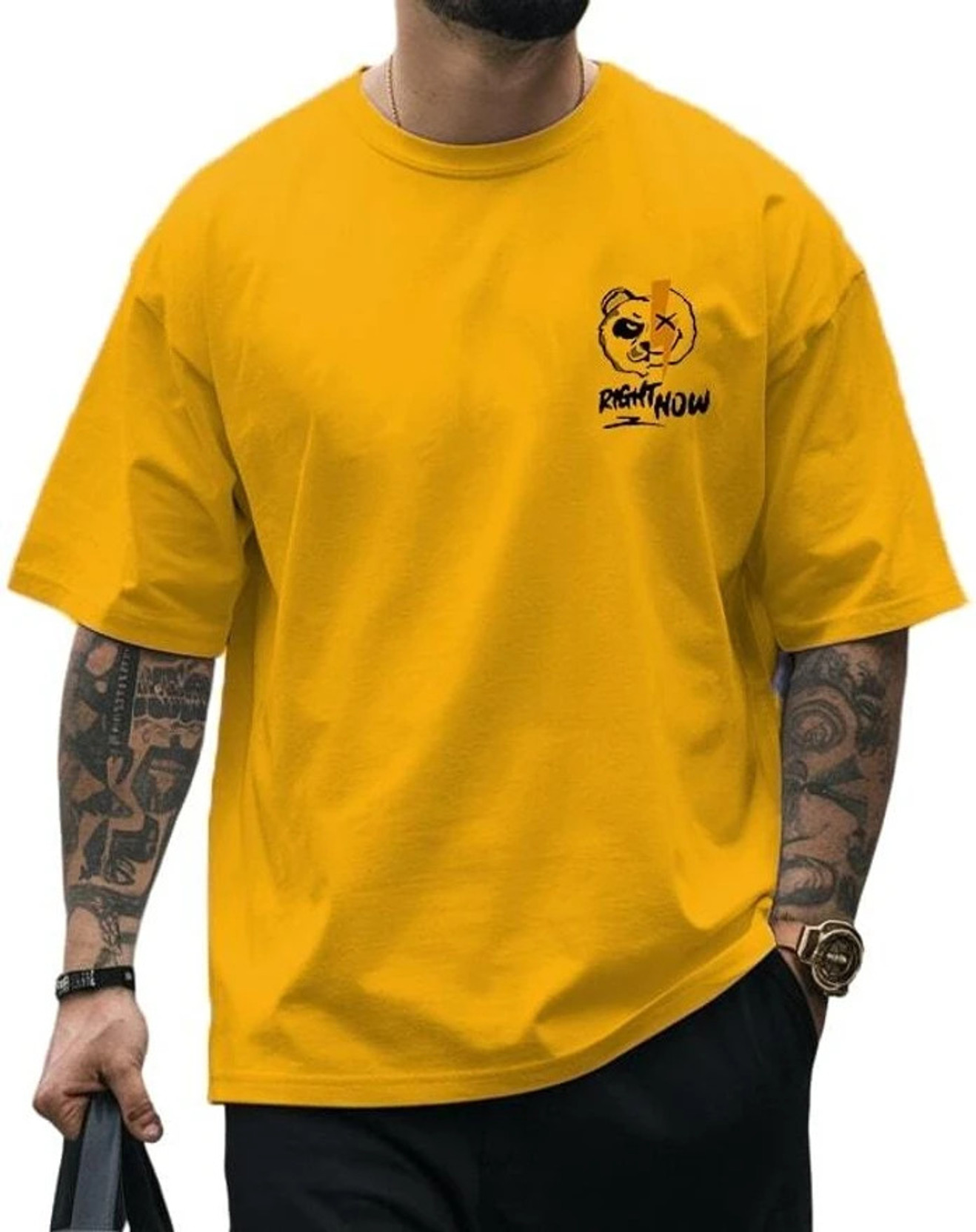 Men Printed Round Neck Pure Cotton Yellow T-Shirt