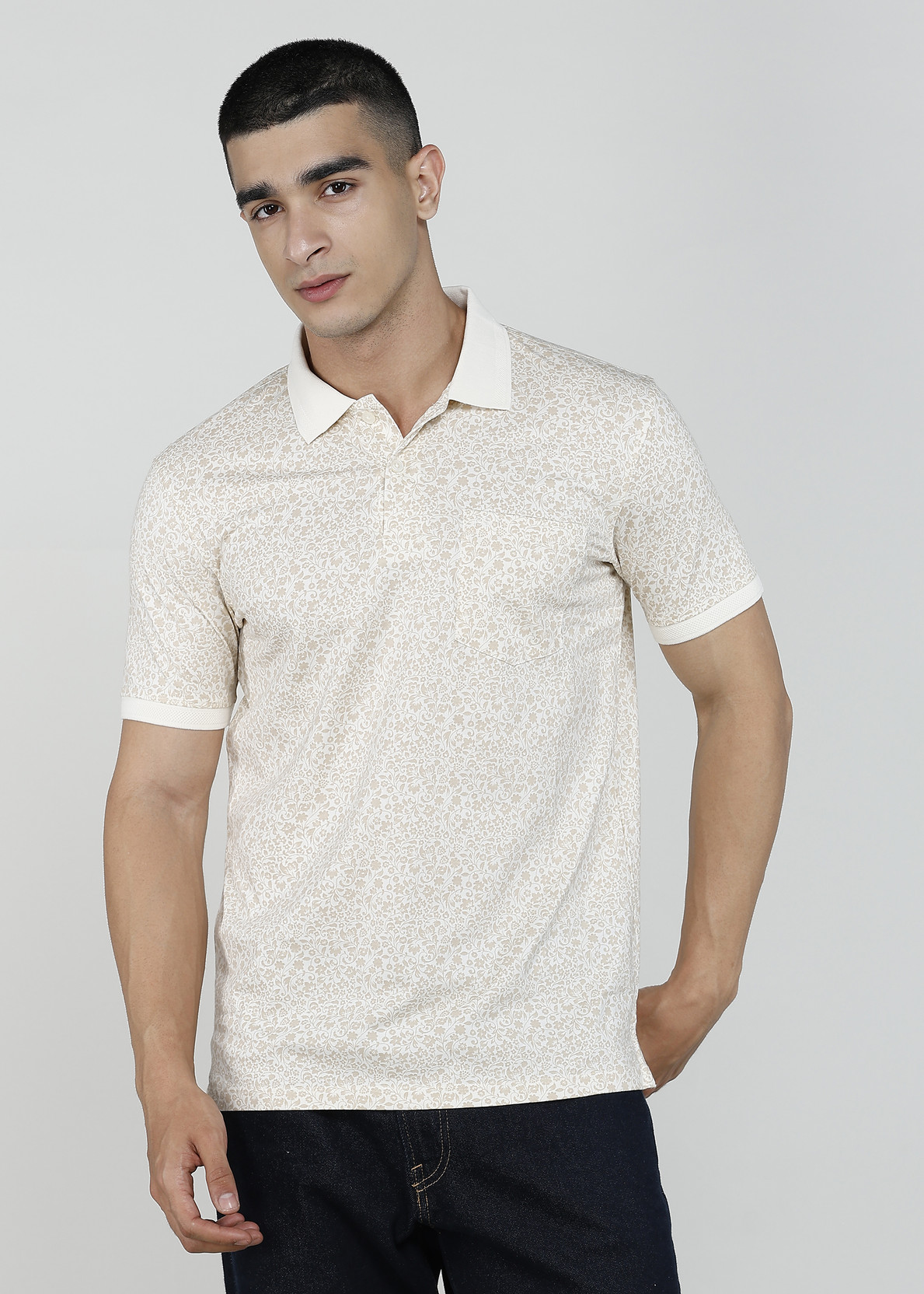 Men Self Design Polo Neck Pure Cotton White T-Shirt