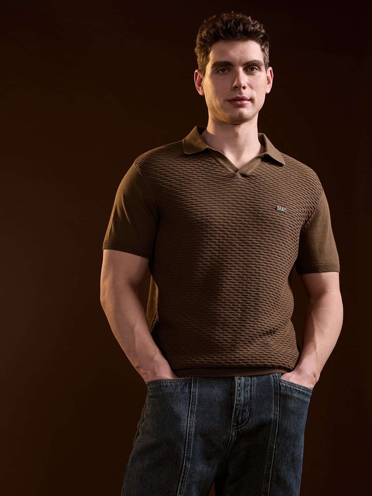 Men Self Design Polo Neck Pure Cotton Brown T-Shirt