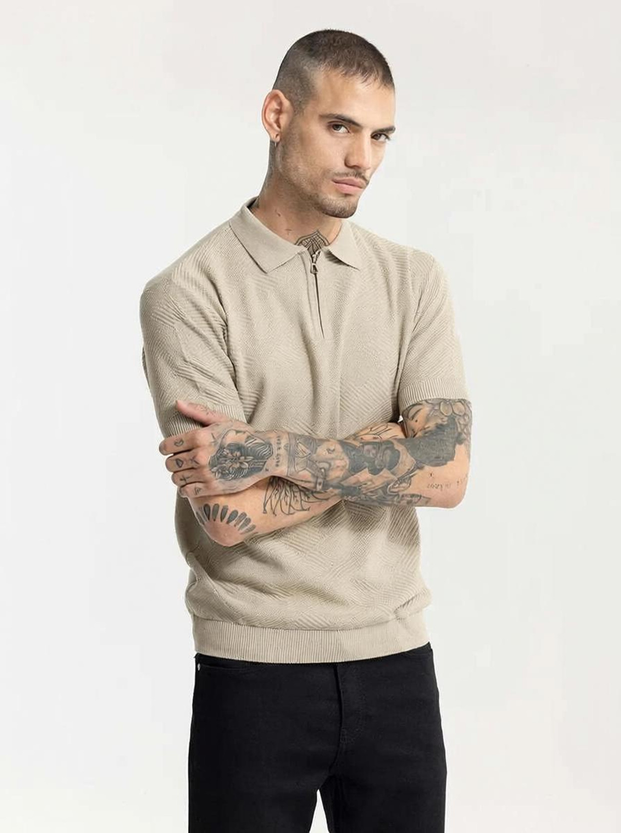 Men Self Design Polo Neck Pure Cotton Beige T-Shirt