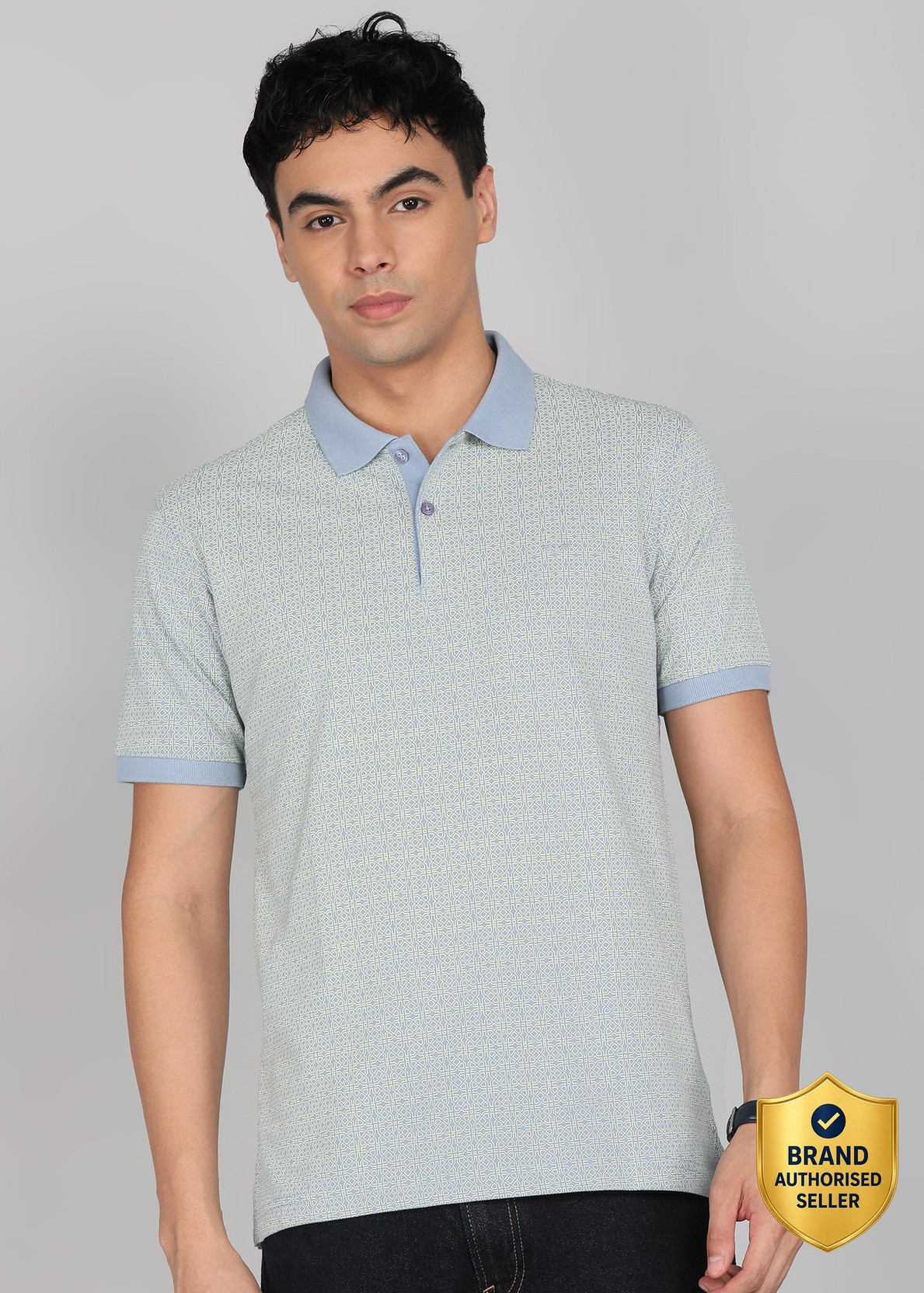 Men Printed Polo Neck Cotton Blend Light Blue T-Shirt