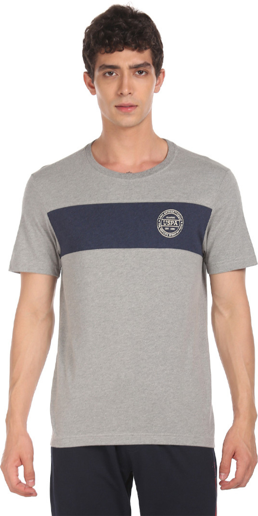 Men Colorblock Round Neck Cotton Blend Grey T-Shirt