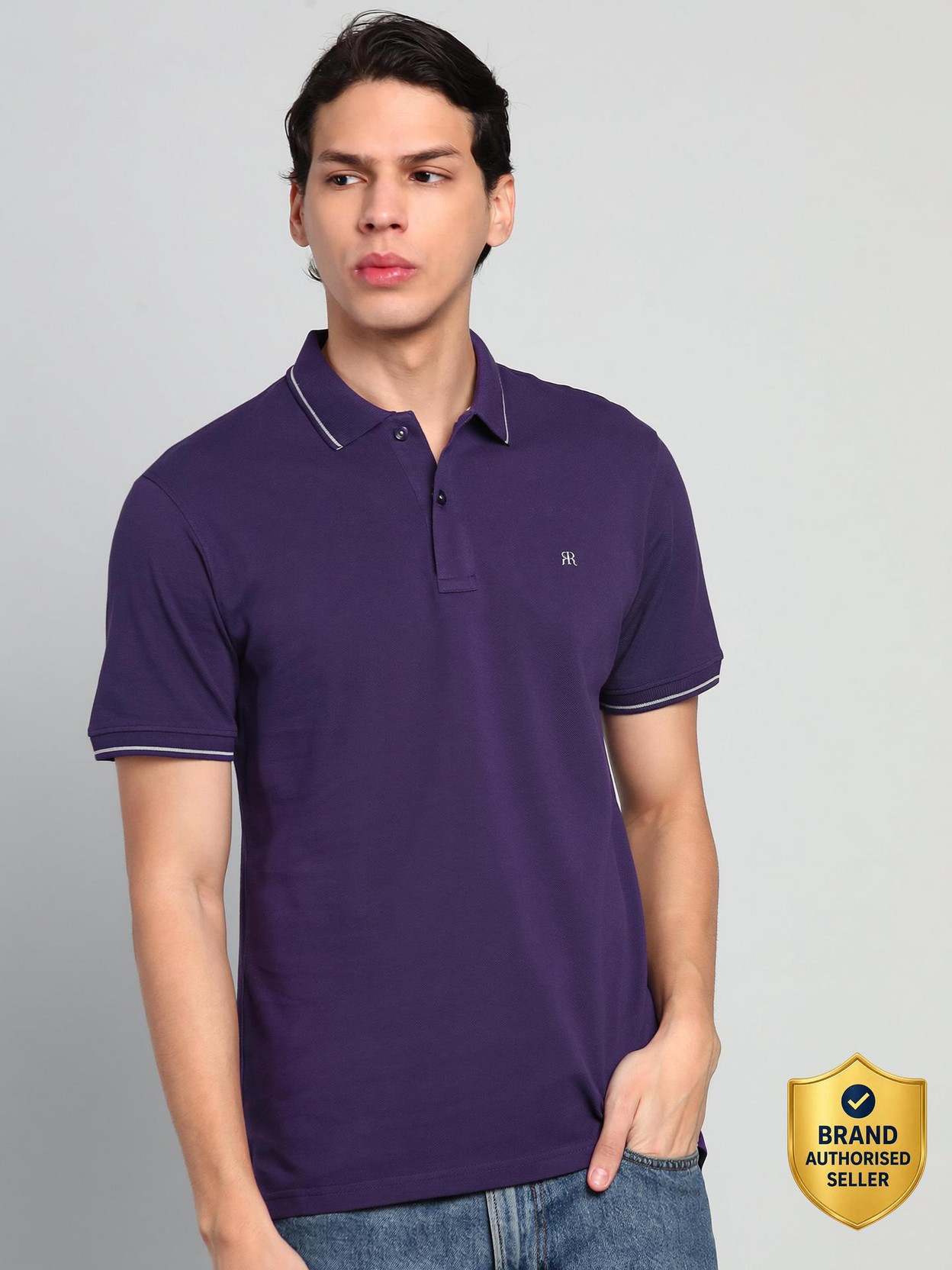 Men Solid Polo Neck Pure Cotton Purple T-Shirt