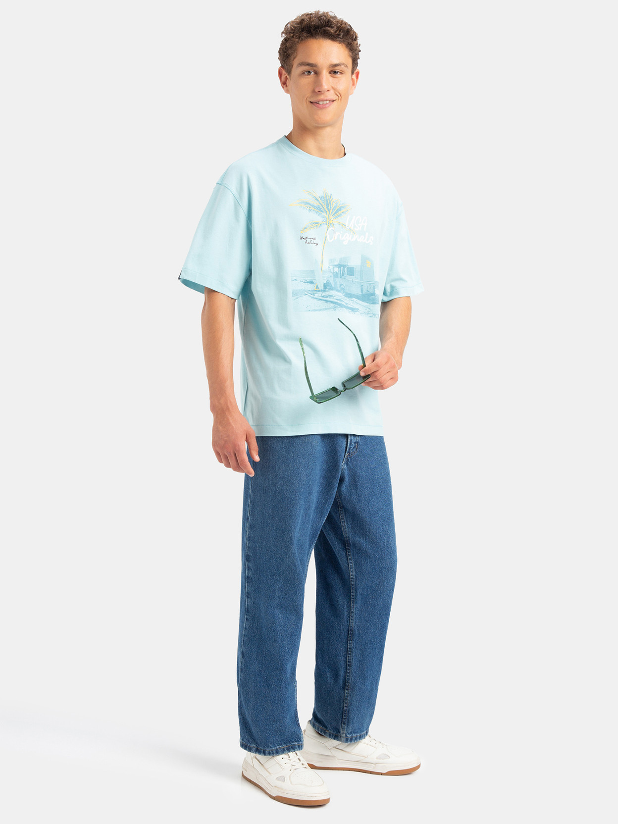 US81 Oversized Men Graphic Print Round Neck Cotton Blend Blue T-Shirt