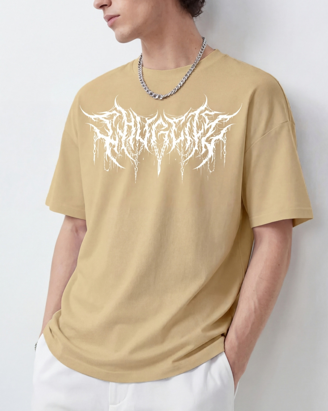Men Printed Round Neck Polycotton Beige T-Shirt