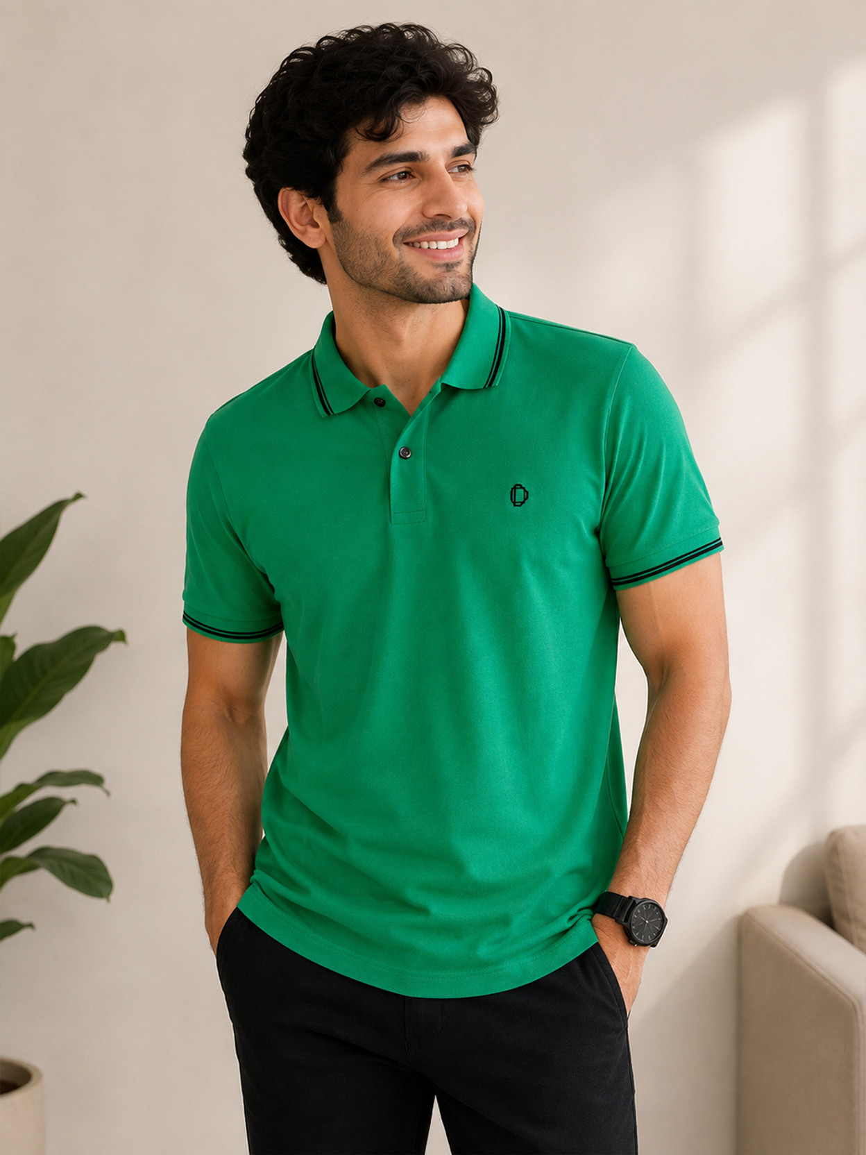 Men Solid Polo Neck Pure Cotton Green T-Shirt