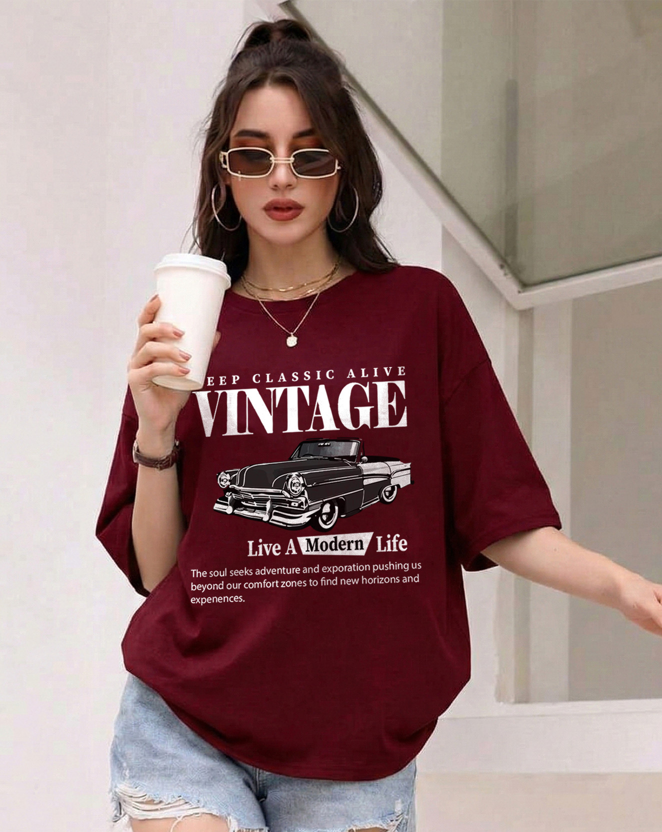 Women Printed Round Neck Cotton Blend Maroon T-Shirt