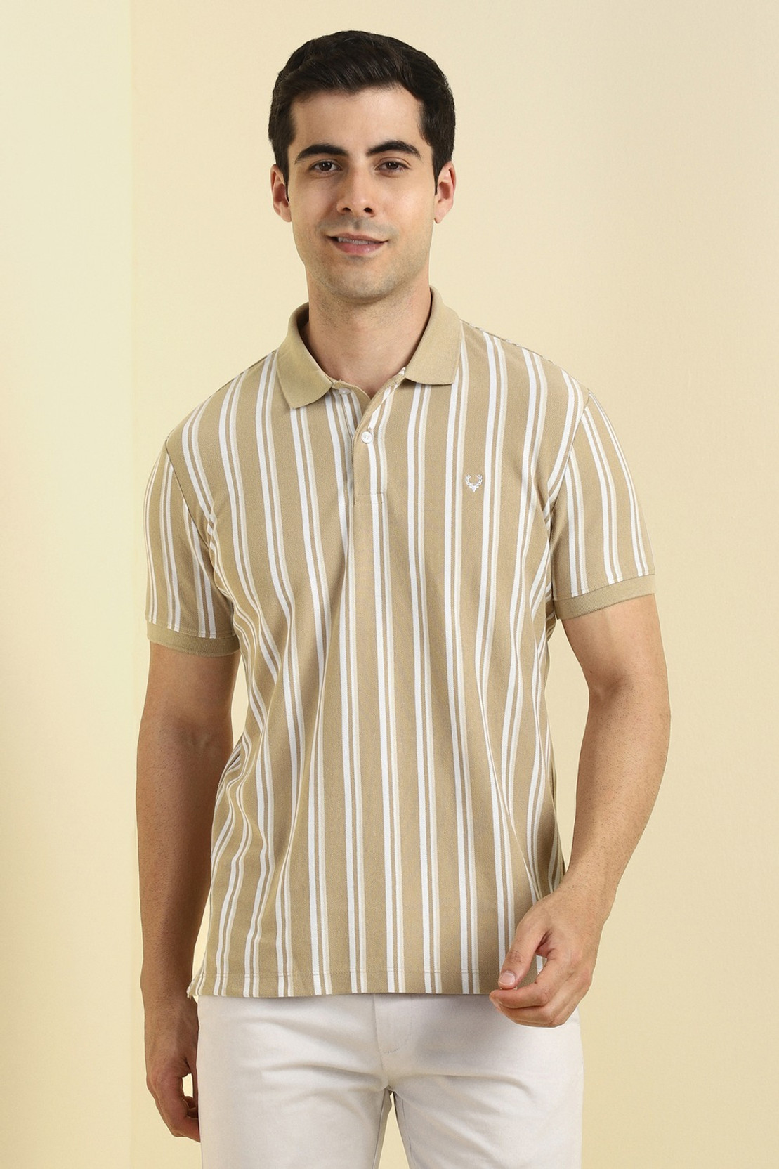 Men Striped Polo Neck Polycotton Beige T-Shirt