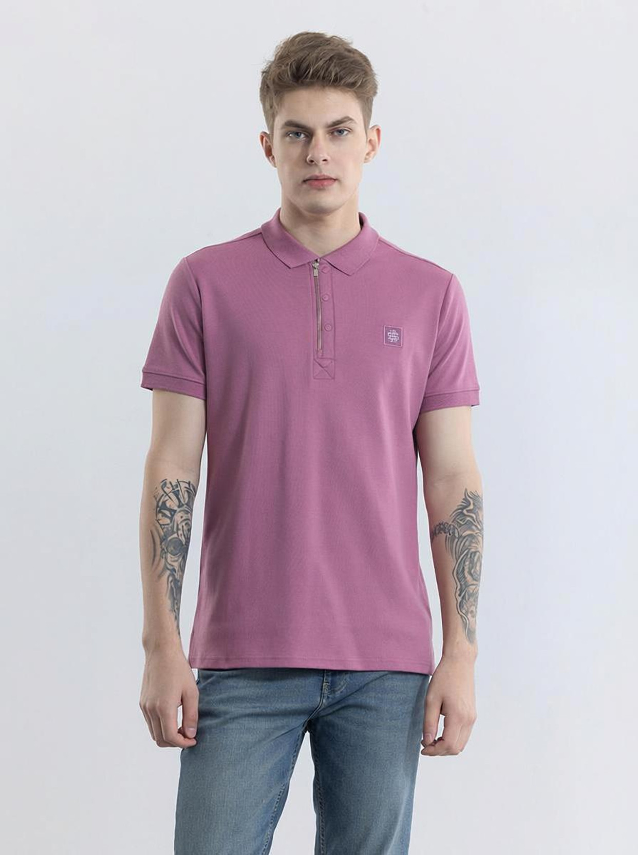 Snitch Men Solid Polo Neck Pure Cotton Pink T-Shirt