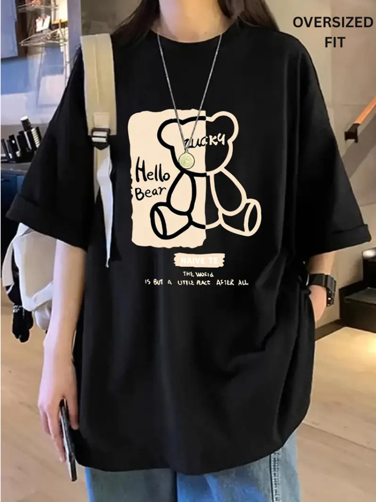 Women Printed Round Neck Cotton Blend Black T-Shirt