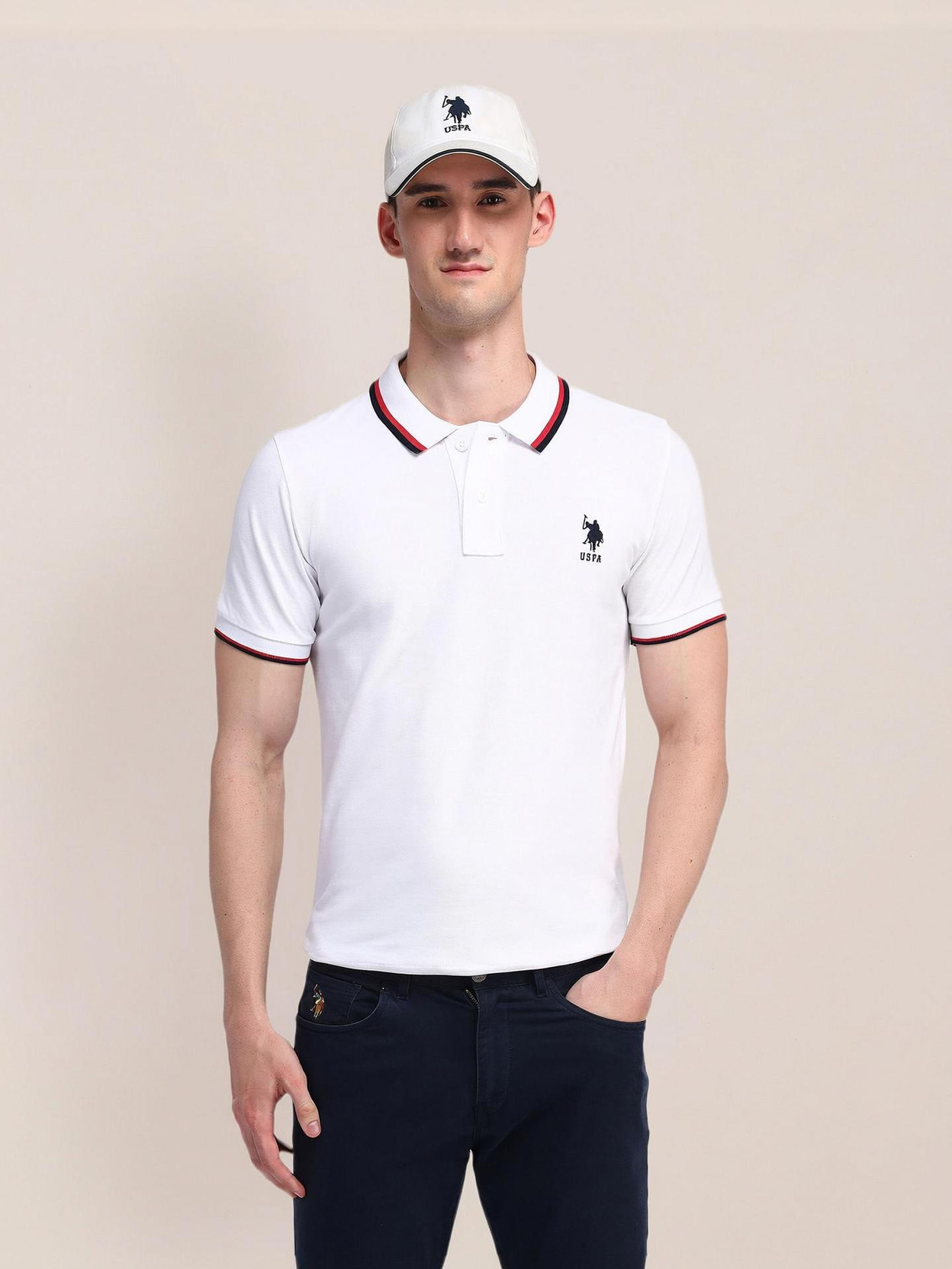 Men Solid Polo Neck Pure Cotton White T-Shirt