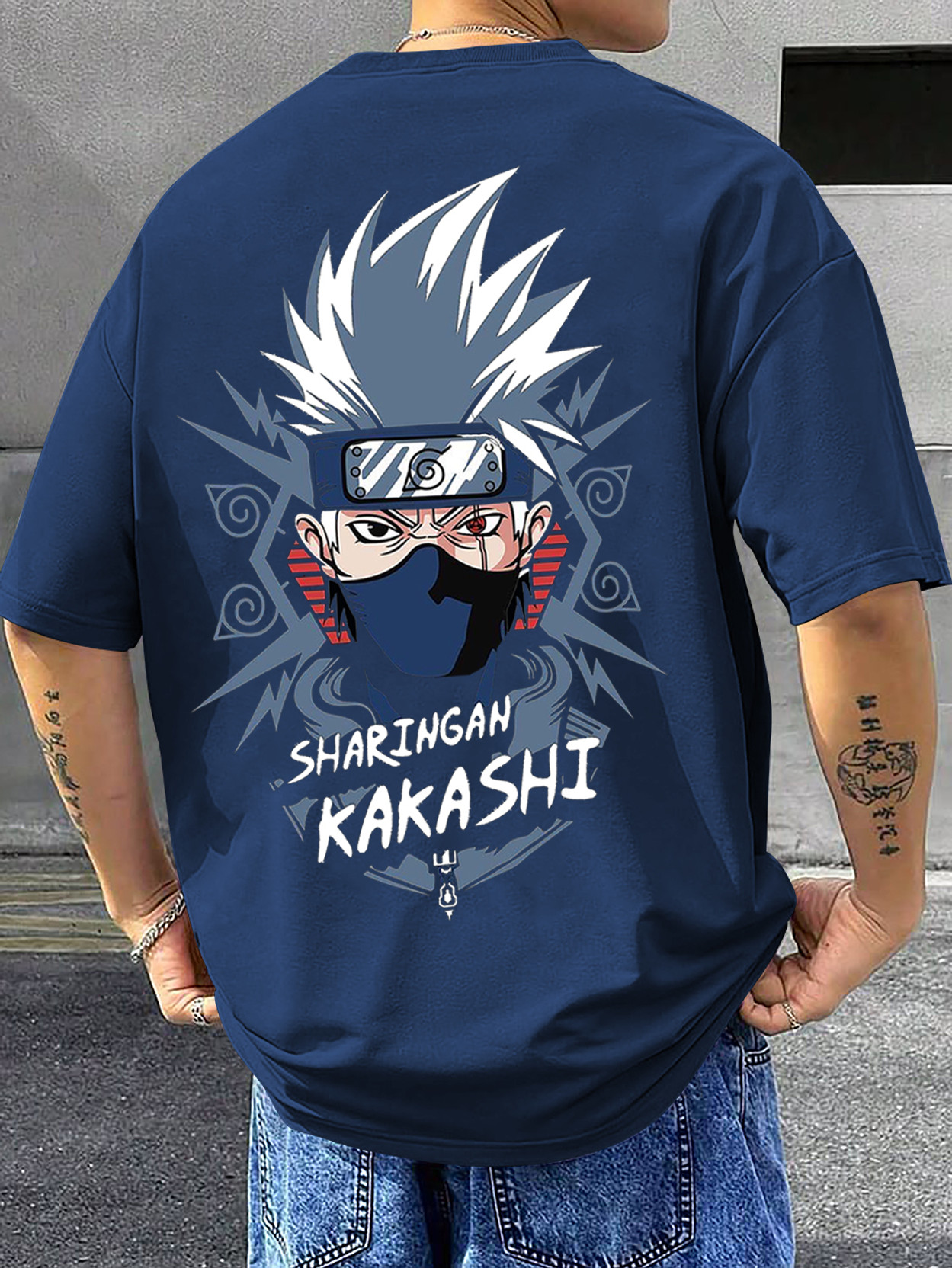 Men Graphic Print Round Neck Cotton Blend Navy Blue T-Shirt